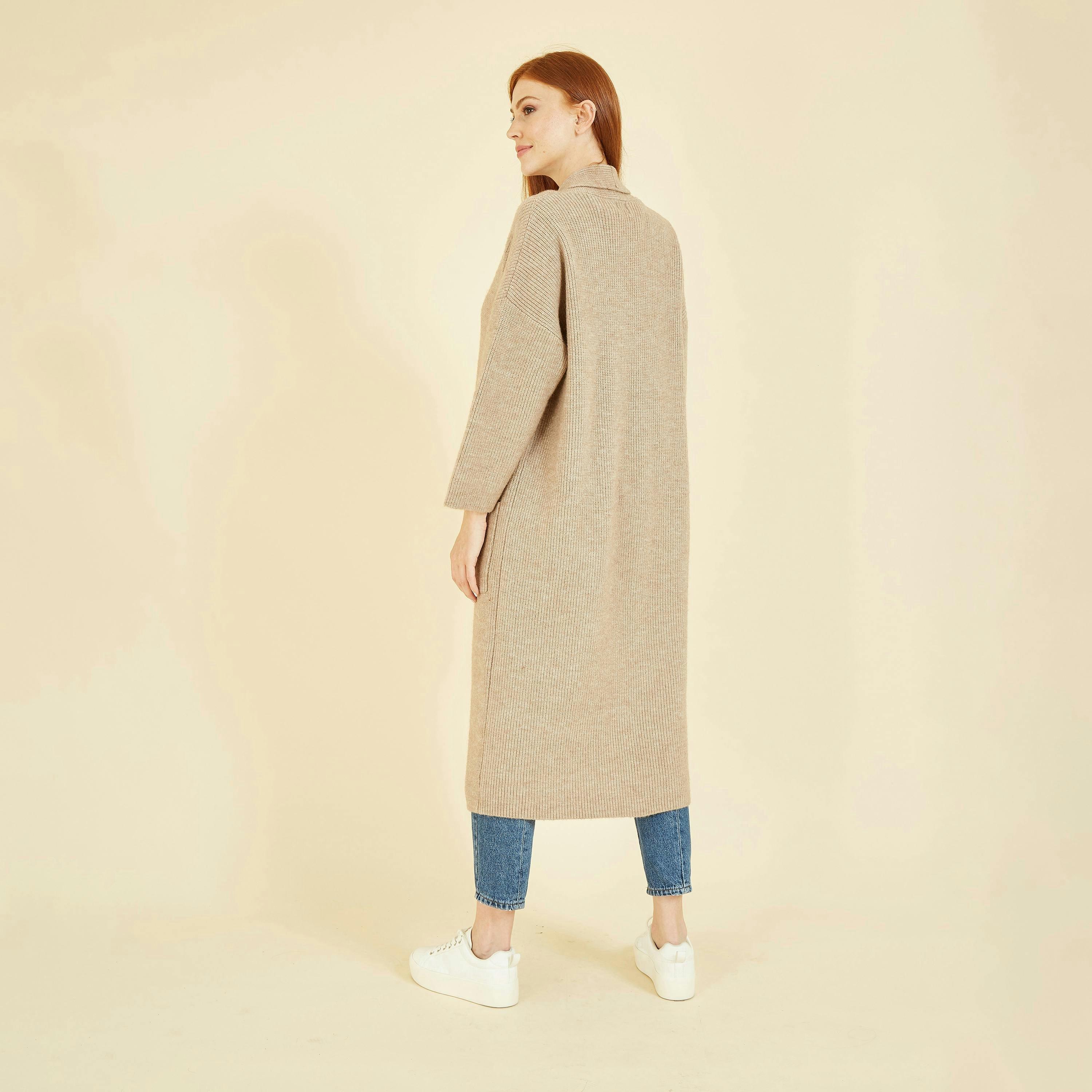 Yumi Oatmeal Knitted Maxi Cardigan With Pockets , view 4 of 4