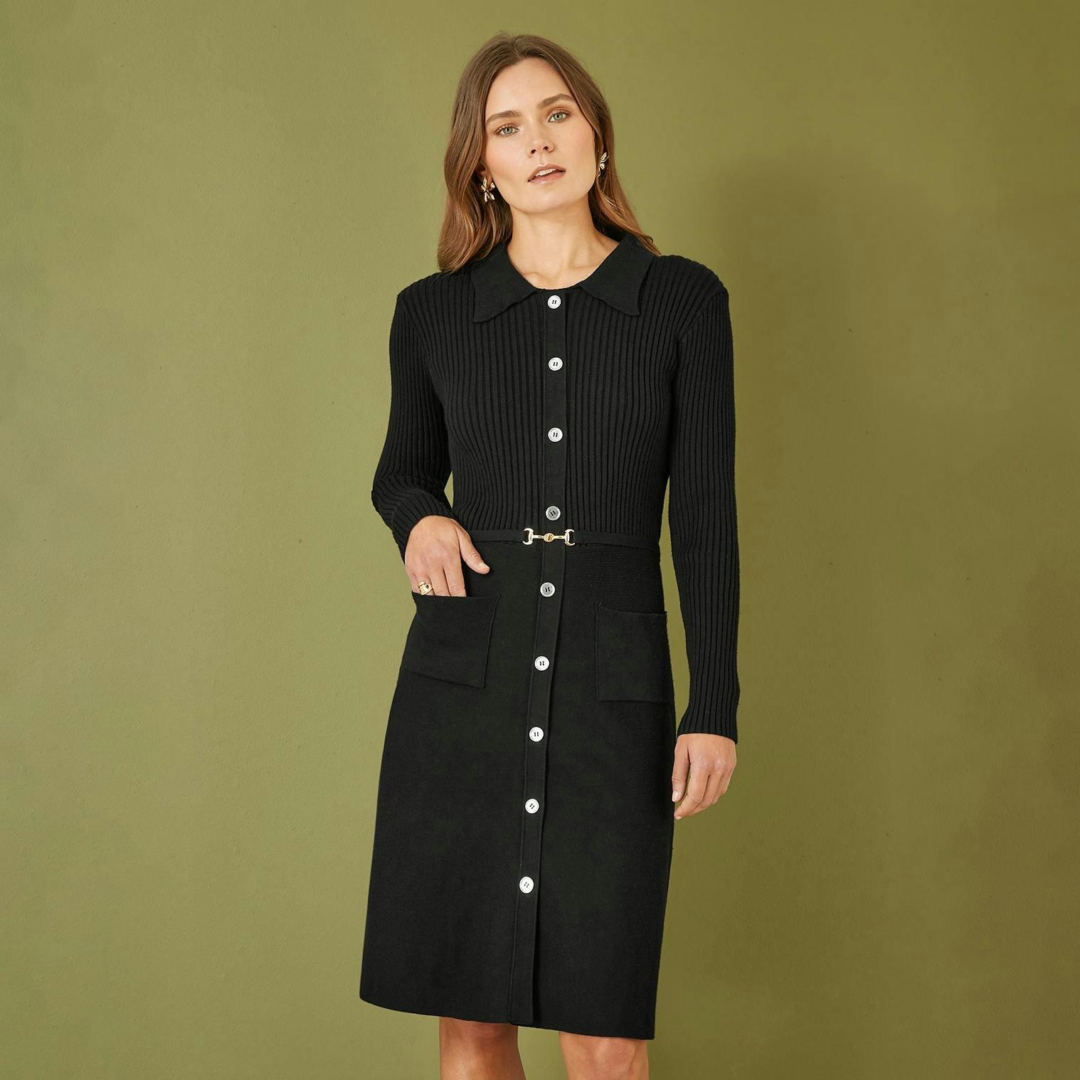 Yumi Black Rib Knit Midi Shirt Dress With Snaffle Belt , view 2 of 5
