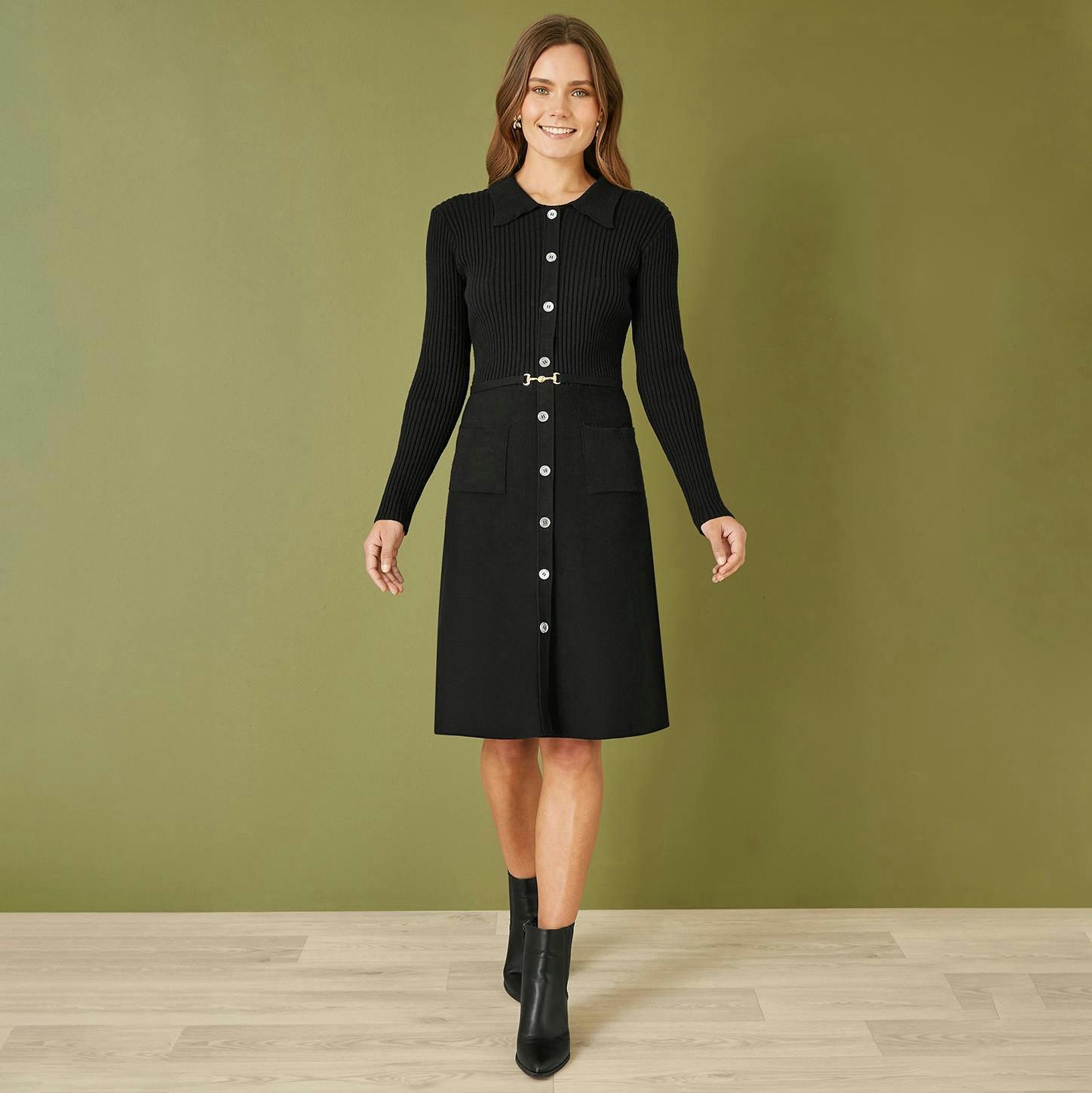 Yumi Black Rib Knit Midi Shirt Dress With Snaffle Belt , view 3 of 5