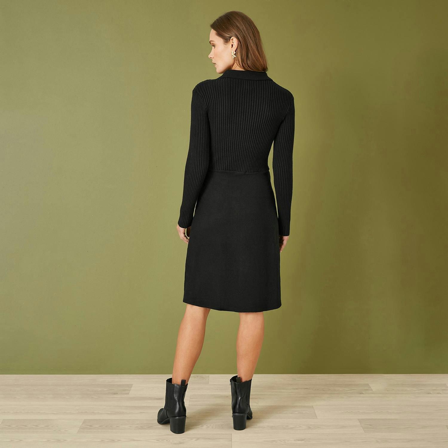 Yumi Black Rib Knit Midi Shirt Dress With Snaffle Belt , view 4 of 5
