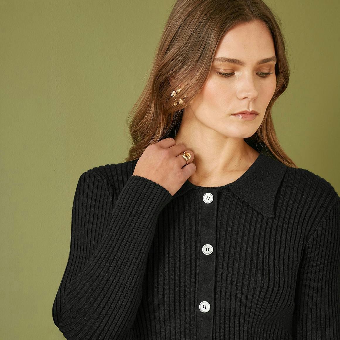 Yumi Black Rib Knit Midi Shirt Dress With Snaffle Belt , view 5 of 5