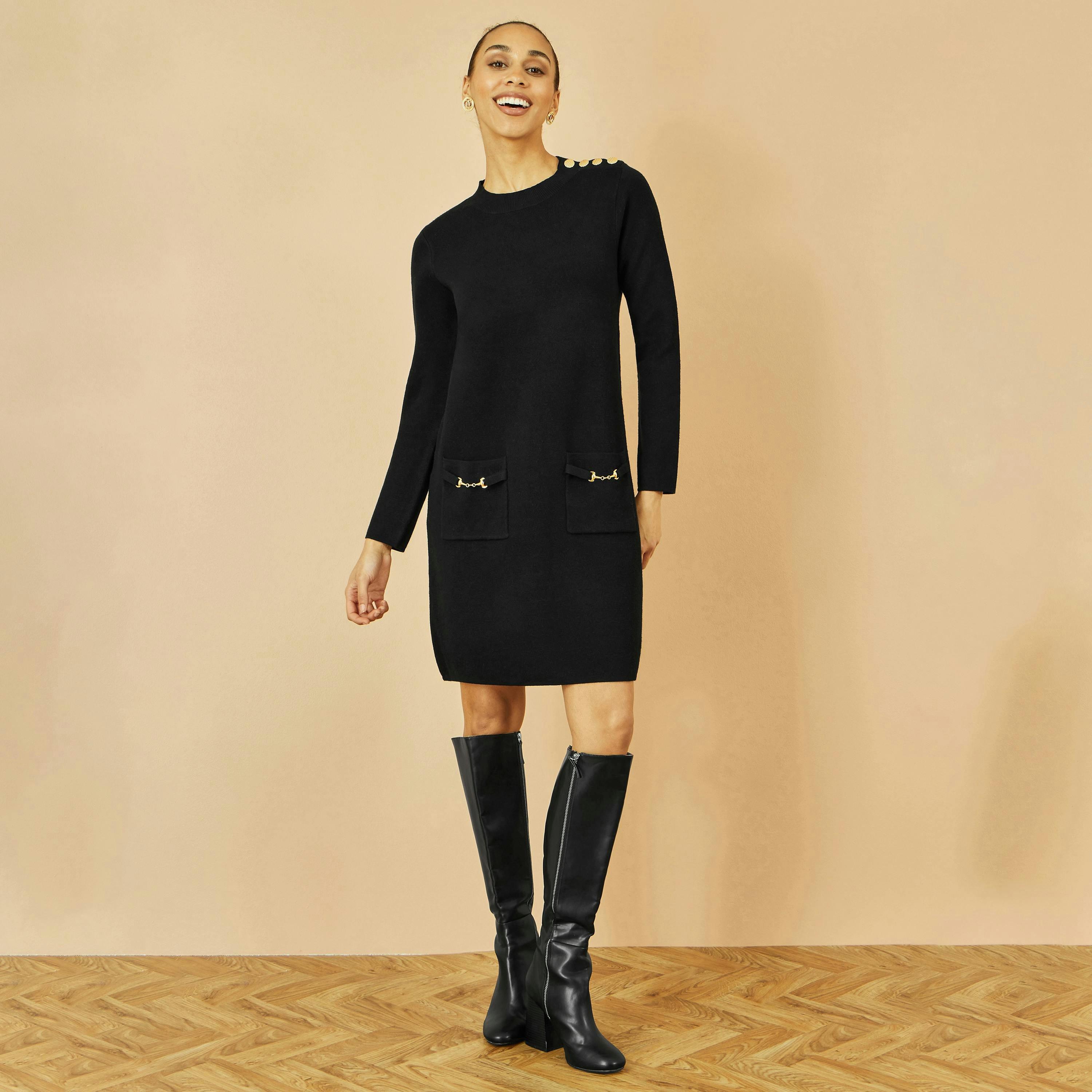 Yumi Black Knitted Tunic Dress With Gold Hardware Details , view 2 of 5