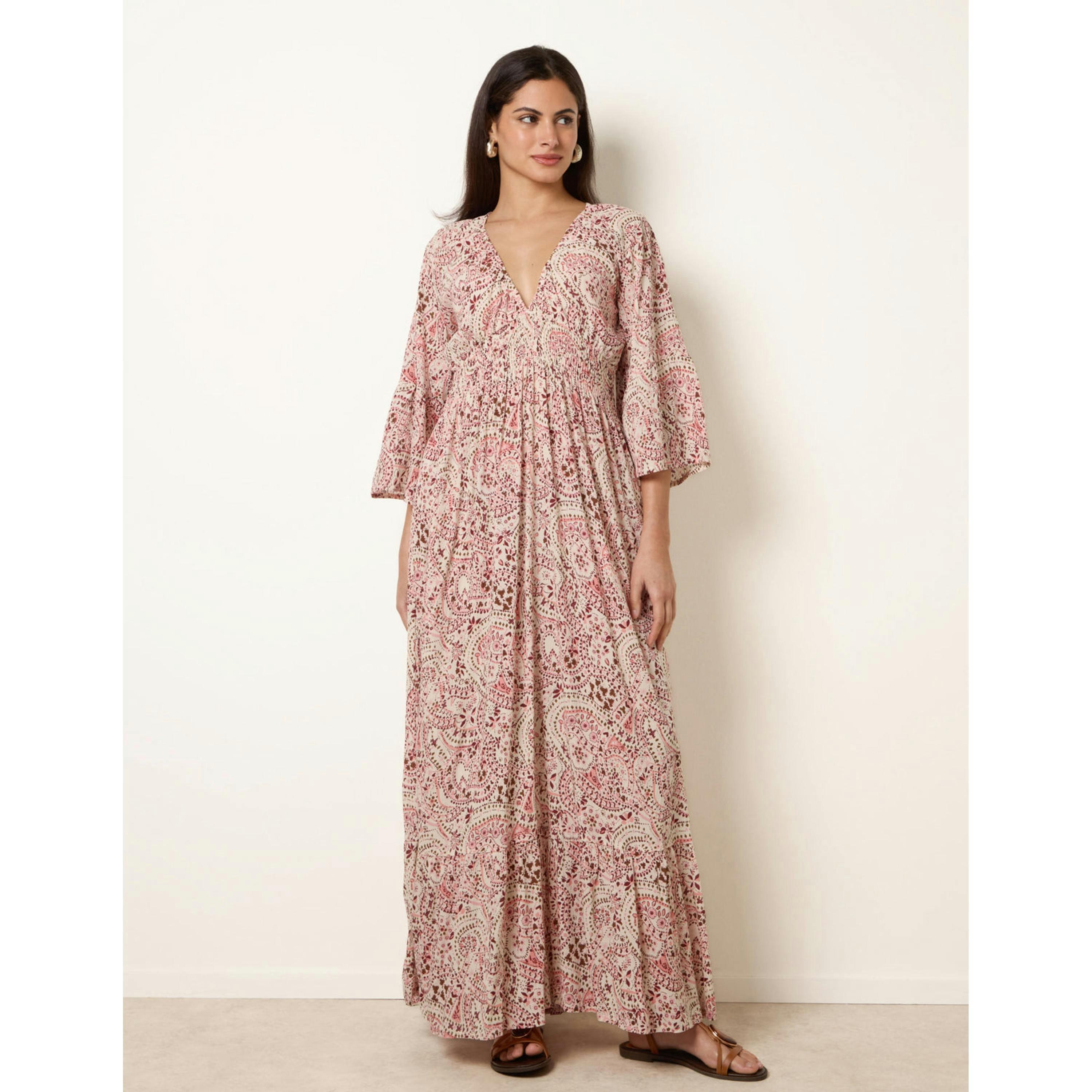 Blue Vanilla Printed Shirred Waist V Neck Maxi Dress  in Pink , view 1 of 4