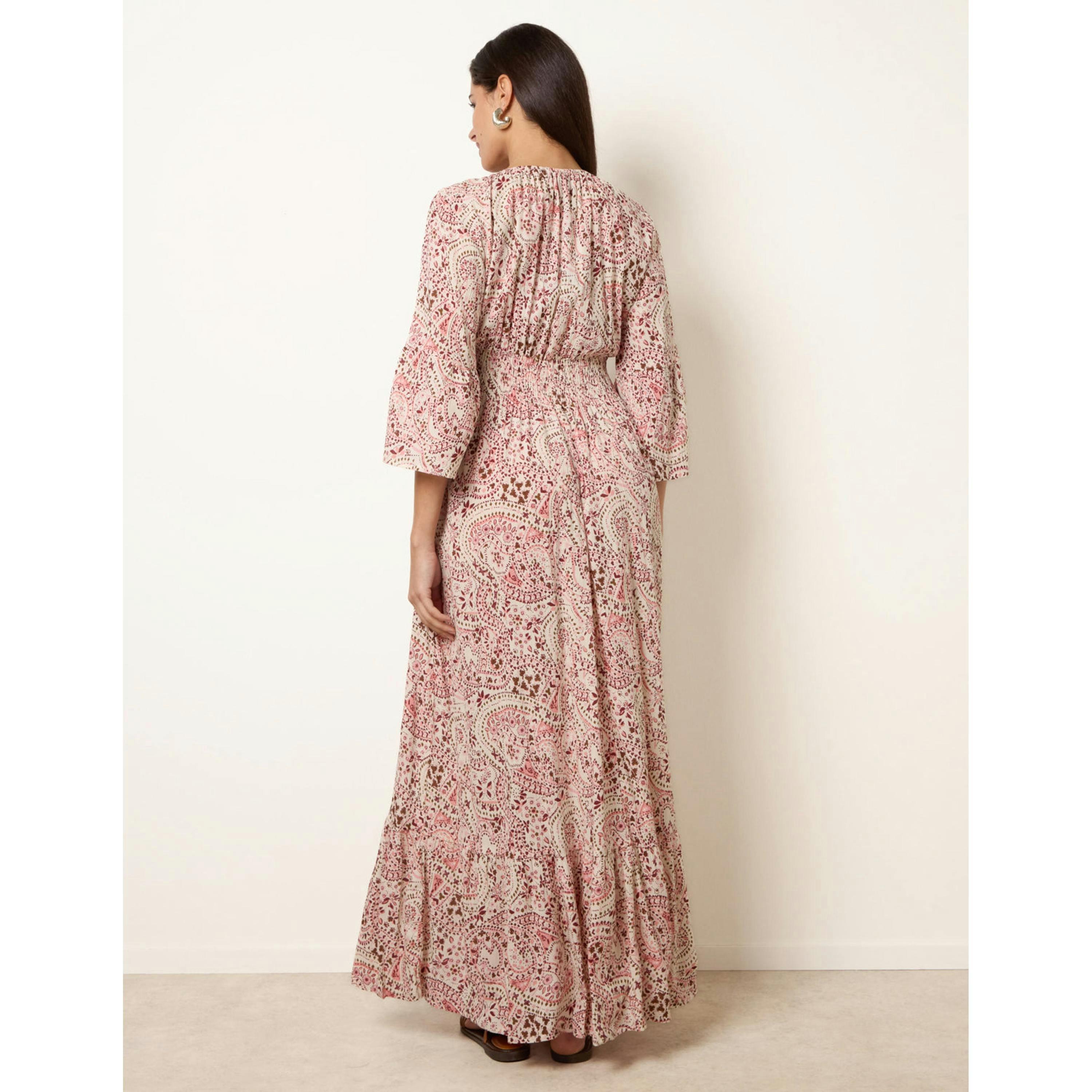 Blue Vanilla Printed Shirred Waist V Neck Maxi Dress  in Pink , view 2 of 4