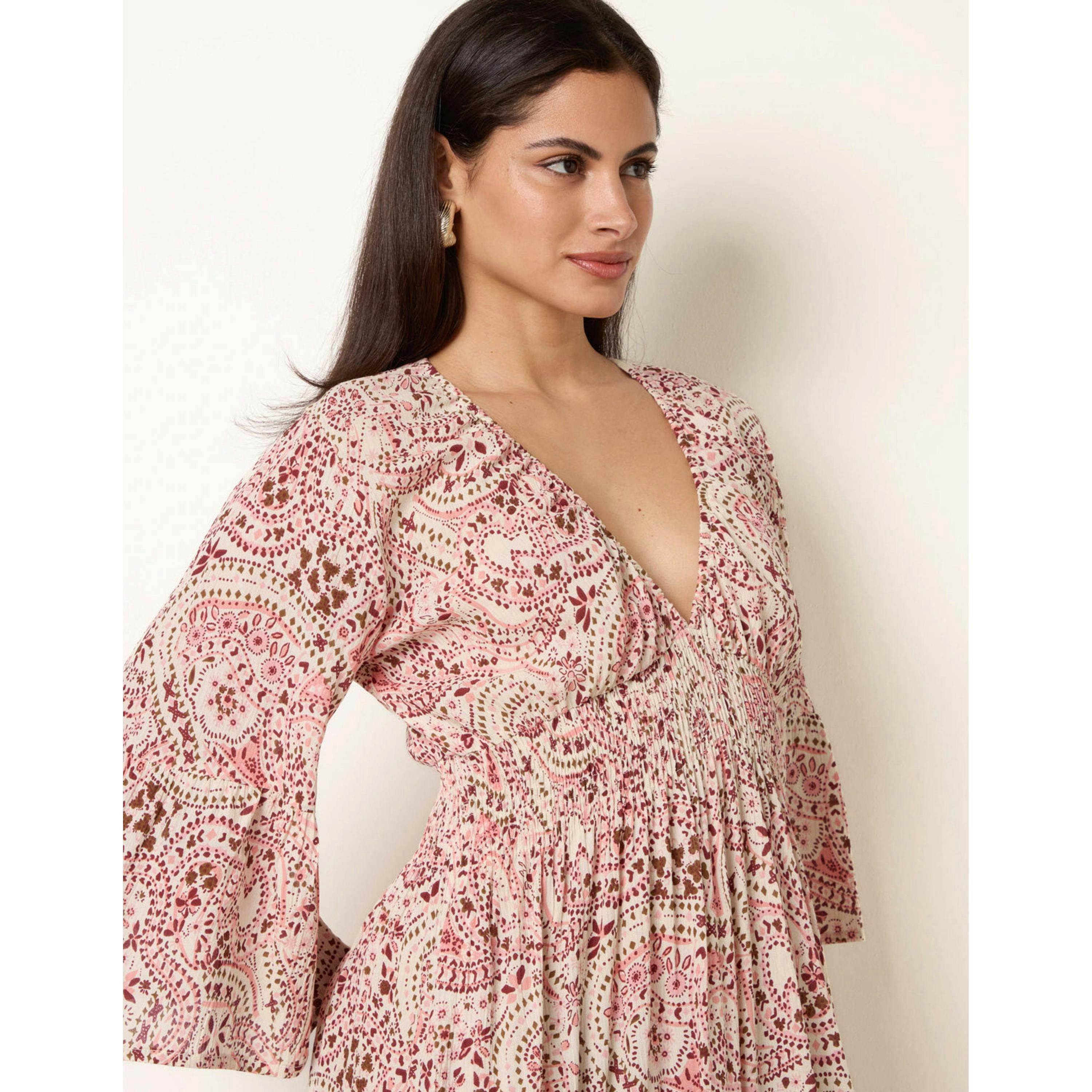 Blue Vanilla Printed Shirred Waist V Neck Maxi Dress  in Pink , view 3 of 4