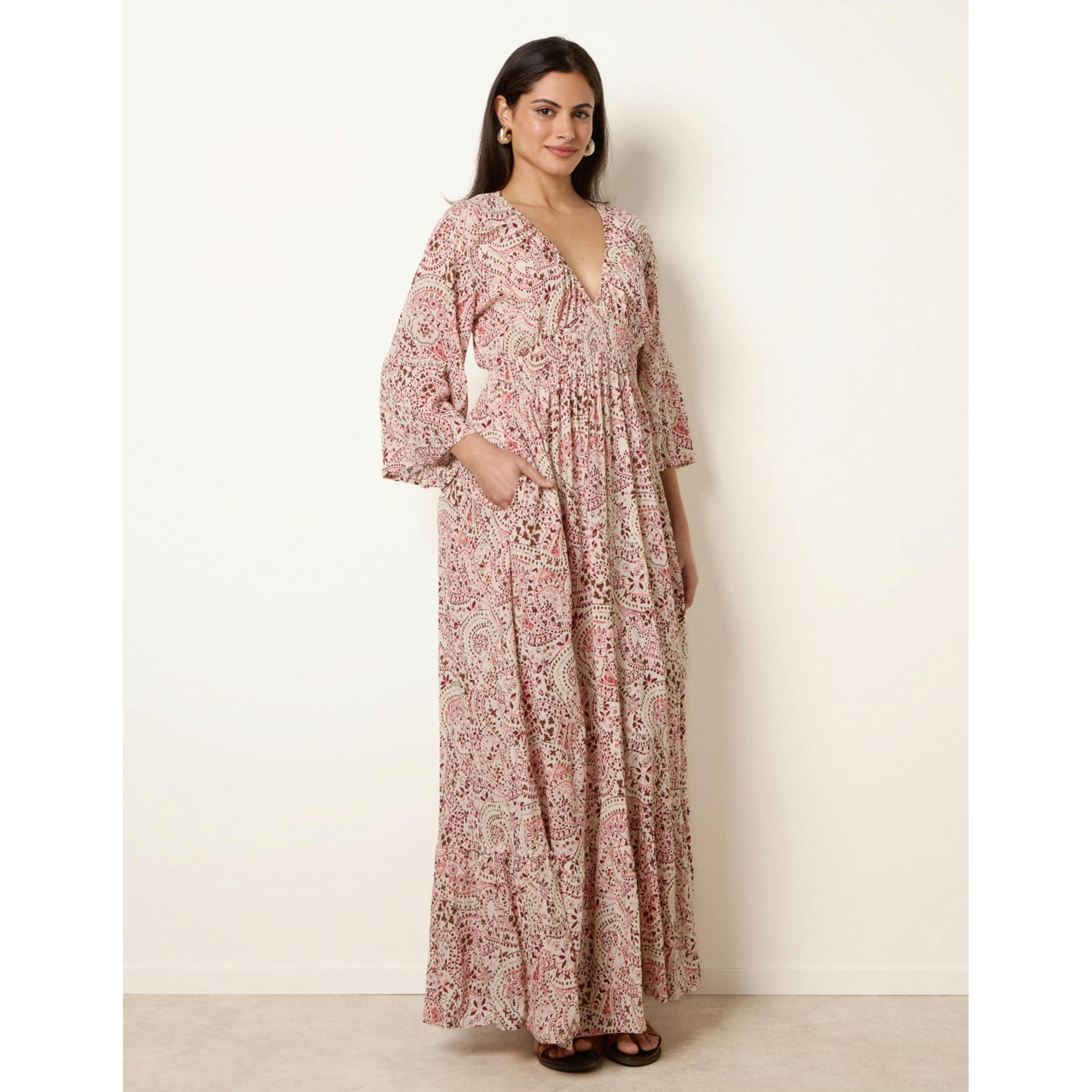 Blue Vanilla Printed Shirred Waist V Neck Maxi Dress  in Pink , view 4 of 4