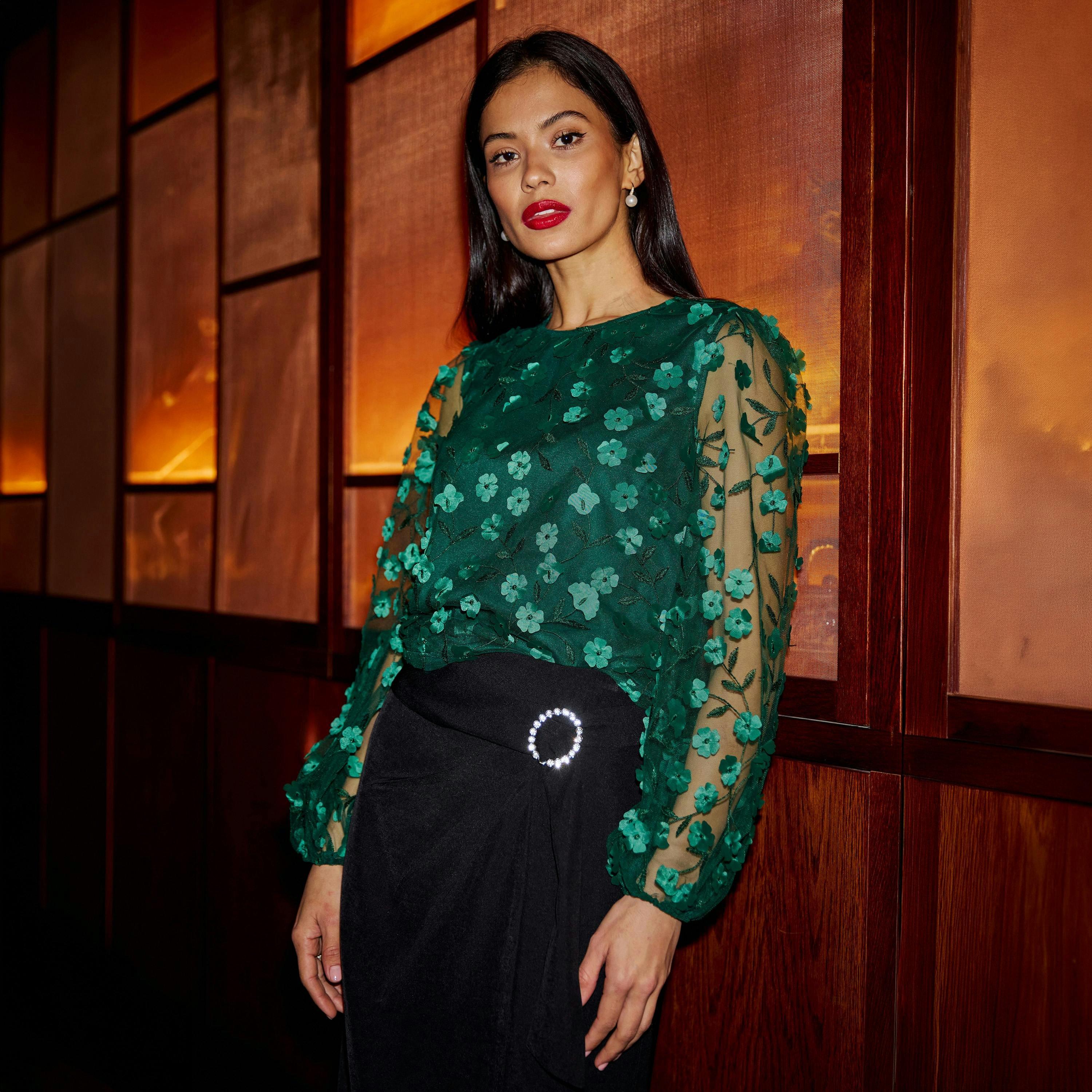 Yumi Green Sheer Sleeve Applique Flower Top , view 2 of 5