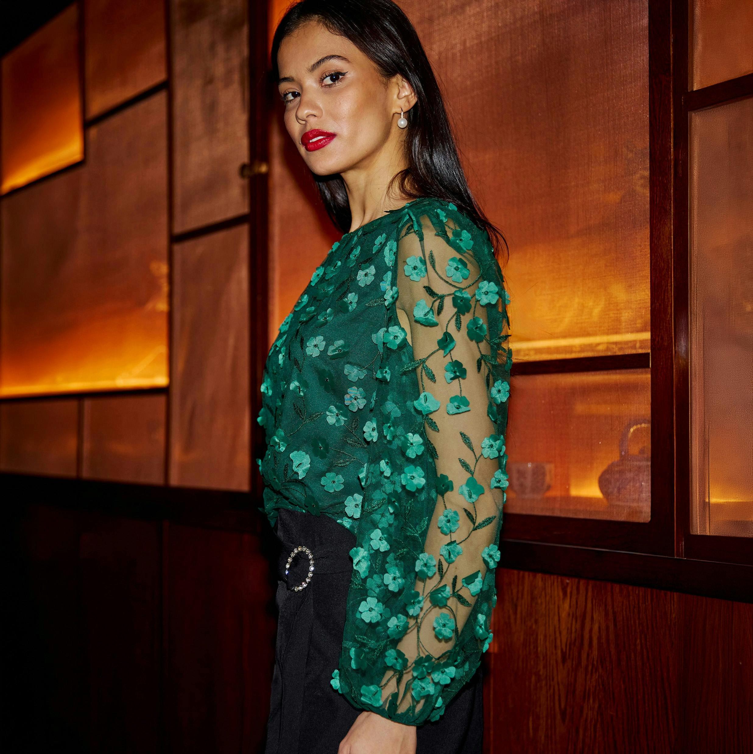 Yumi Green Sheer Sleeve Applique Flower Top , view 3 of 5
