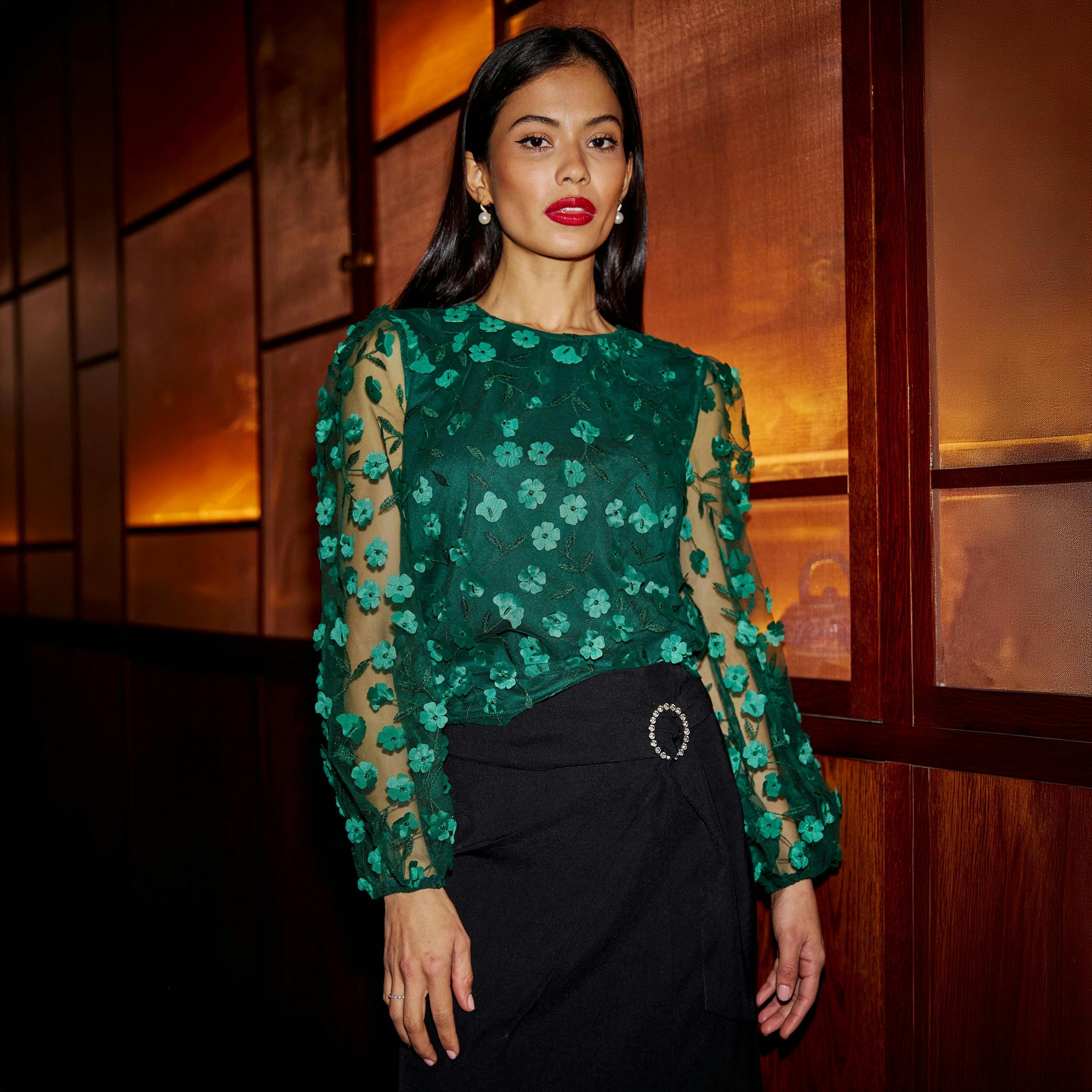 Yumi Green Sheer Sleeve Applique Flower Top , view 4 of 5