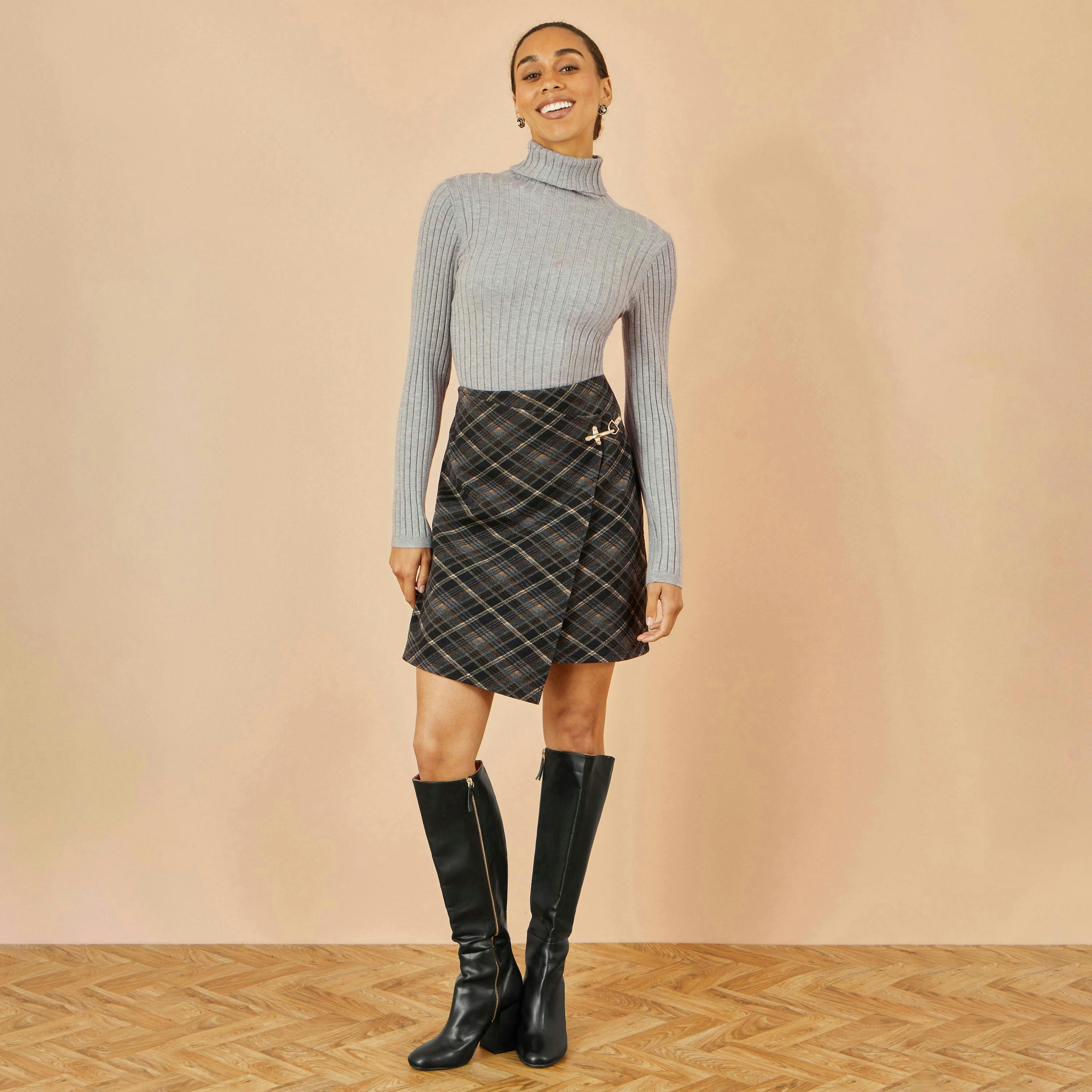 Yumi Black Check Wrap Skirt With Buckle , view 2 of 3