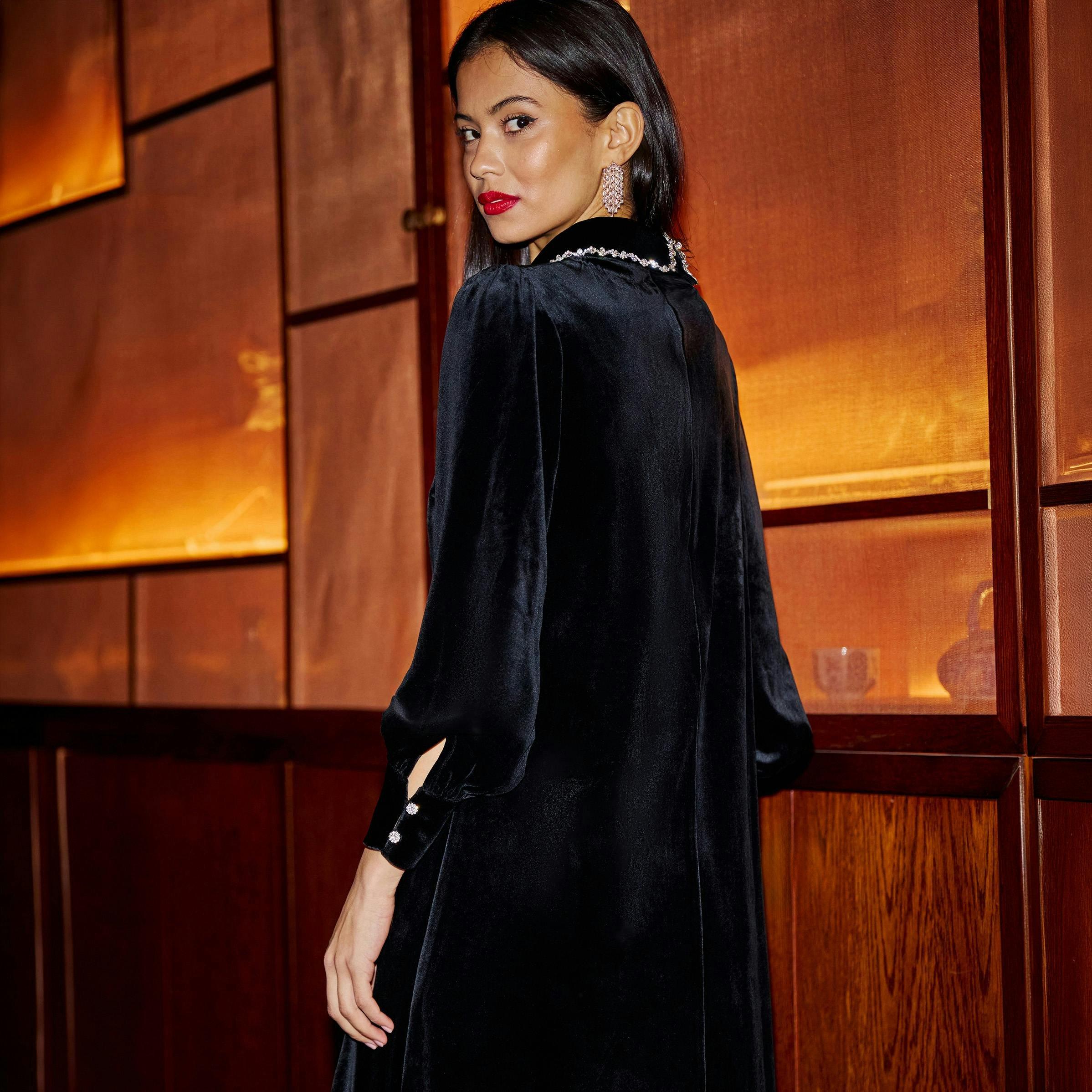 Yumi Black Long Sleeve Velvet Tunic With Diamante Collar , view 3 of 6