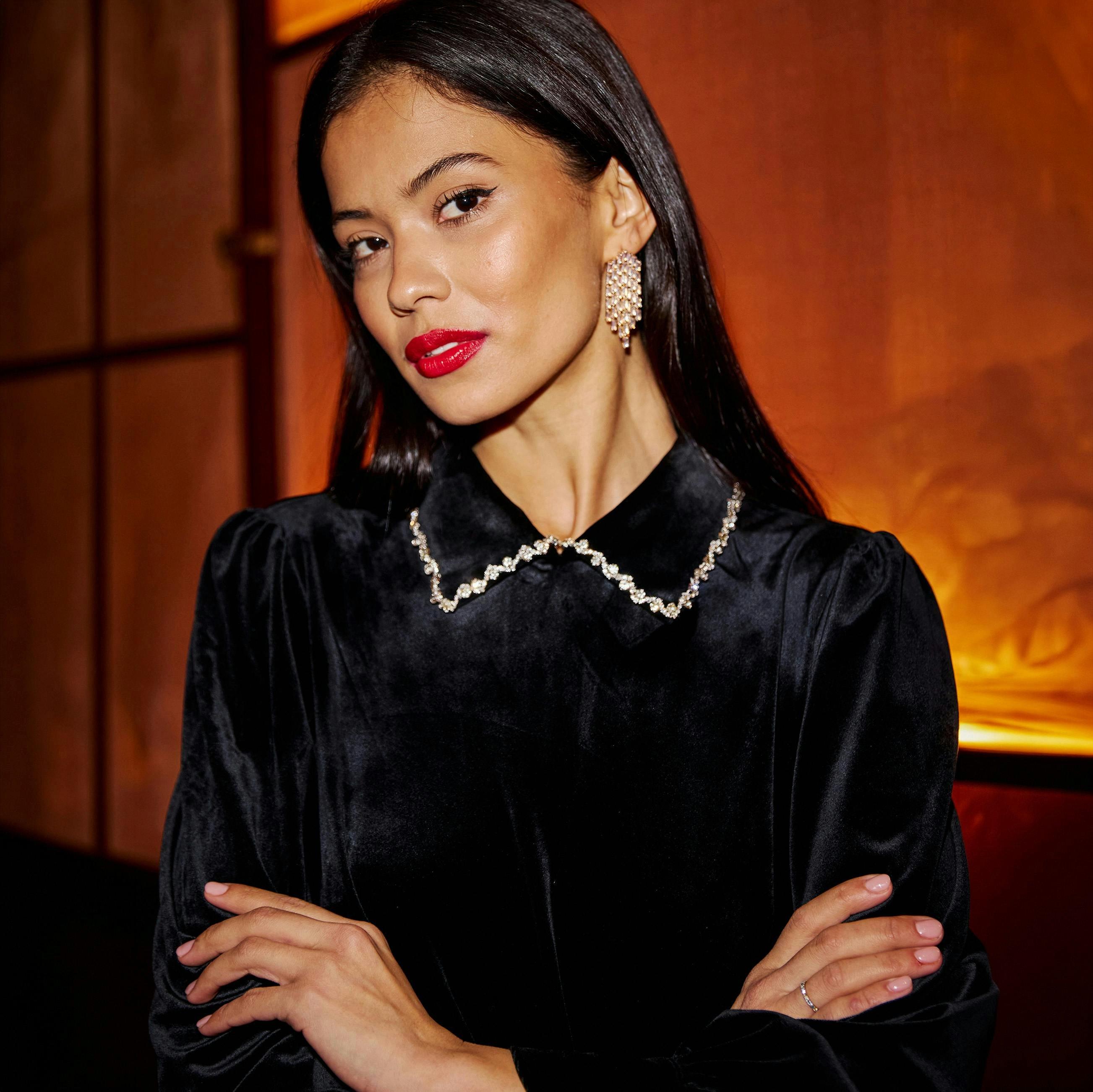 Yumi Black Long Sleeve Velvet Tunic With Diamante Collar , view 4 of 6