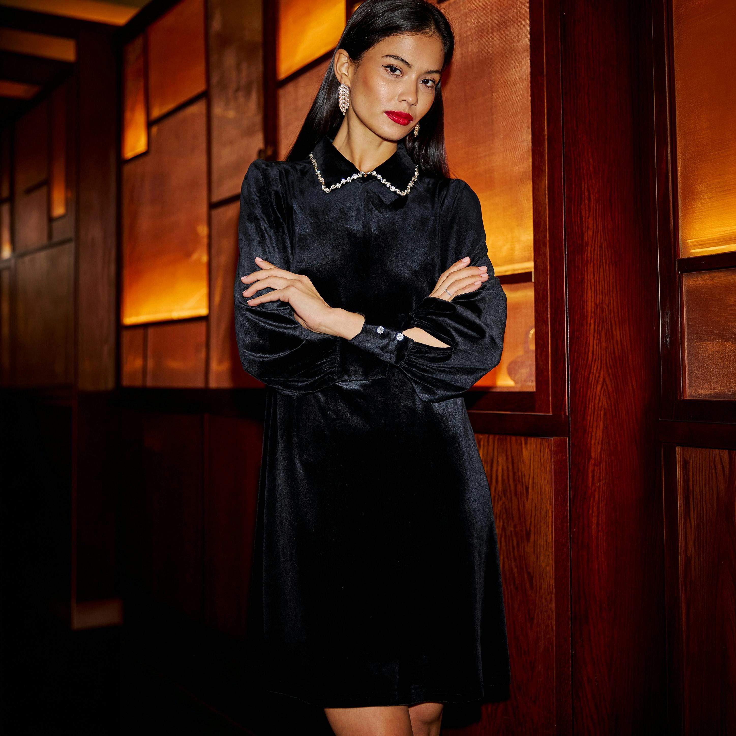 Yumi Black Long Sleeve Velvet Tunic With Diamante Collar , view 5 of 6