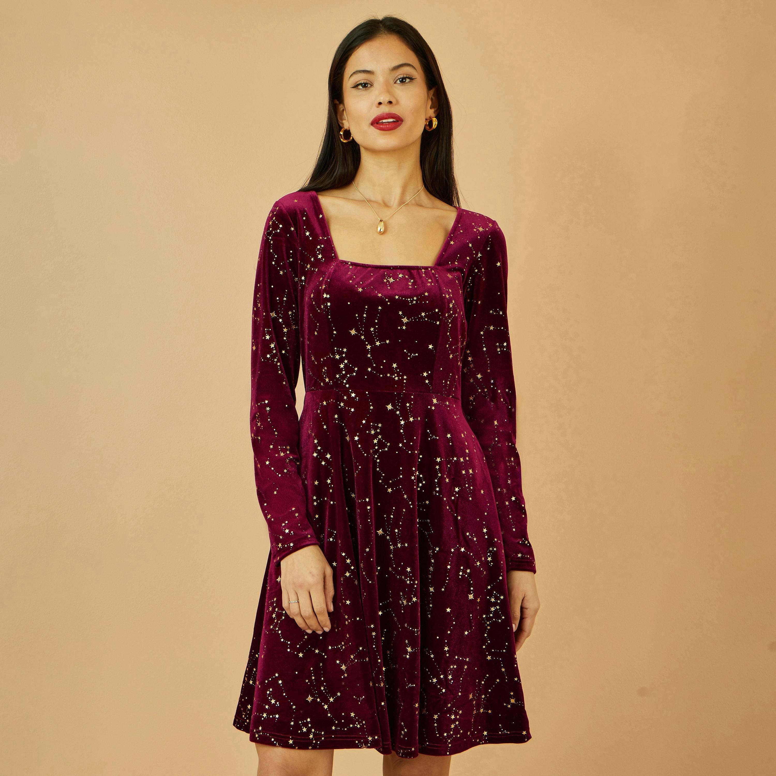 Yumi Burgundy Star Foil Print Long Sleeve Skater Dress , view 2 of 4