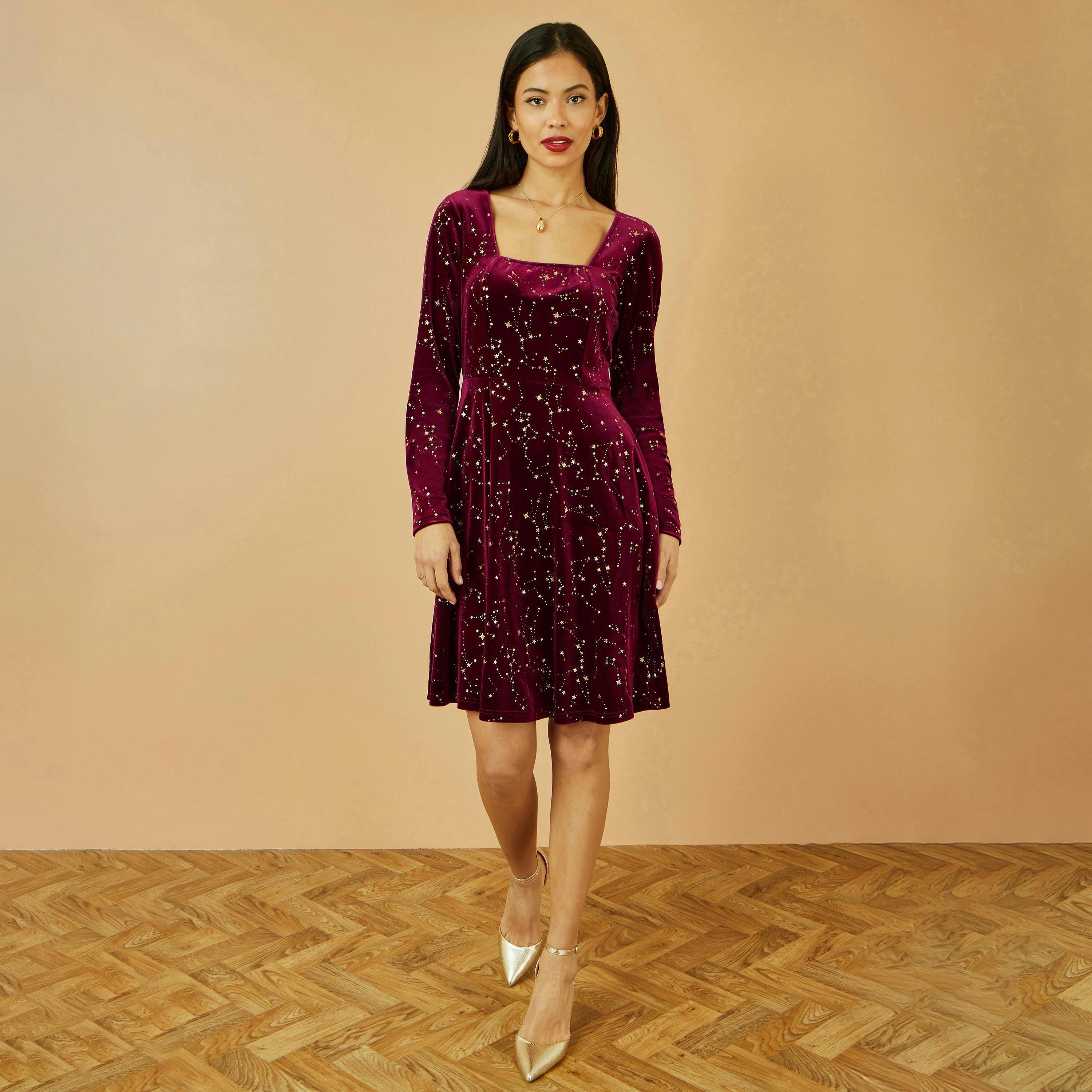 Yumi Burgundy Star Foil Print Long Sleeve Skater Dress , view 3 of 4