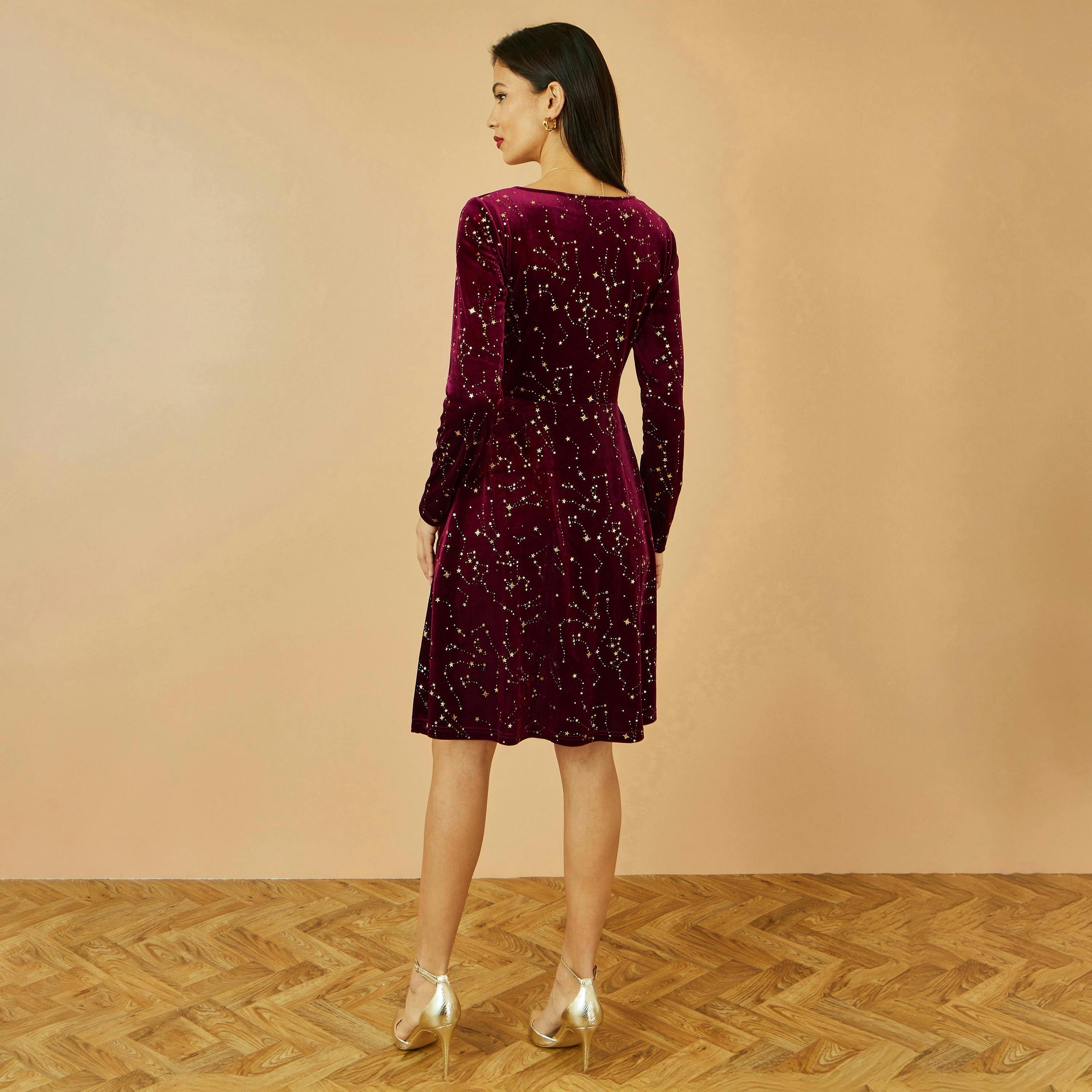 Yumi Burgundy Star Foil Print Long Sleeve Skater Dress , view 4 of 4
