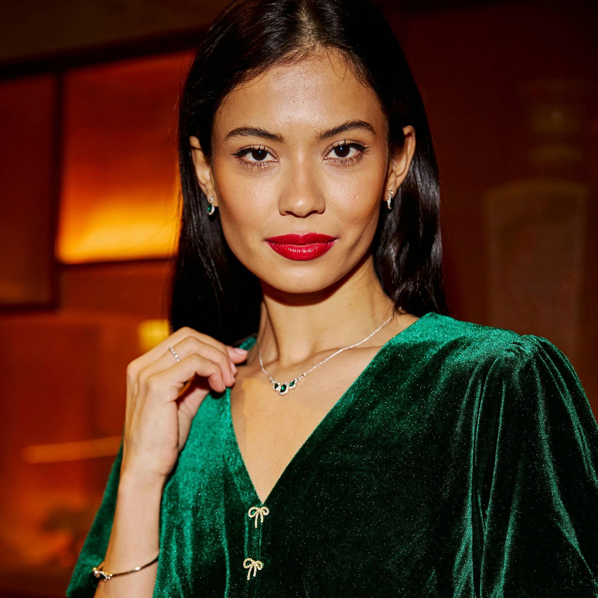 Yumi Green Velvet Skater Dress With Dimante Bow Detail , view 6 of 6