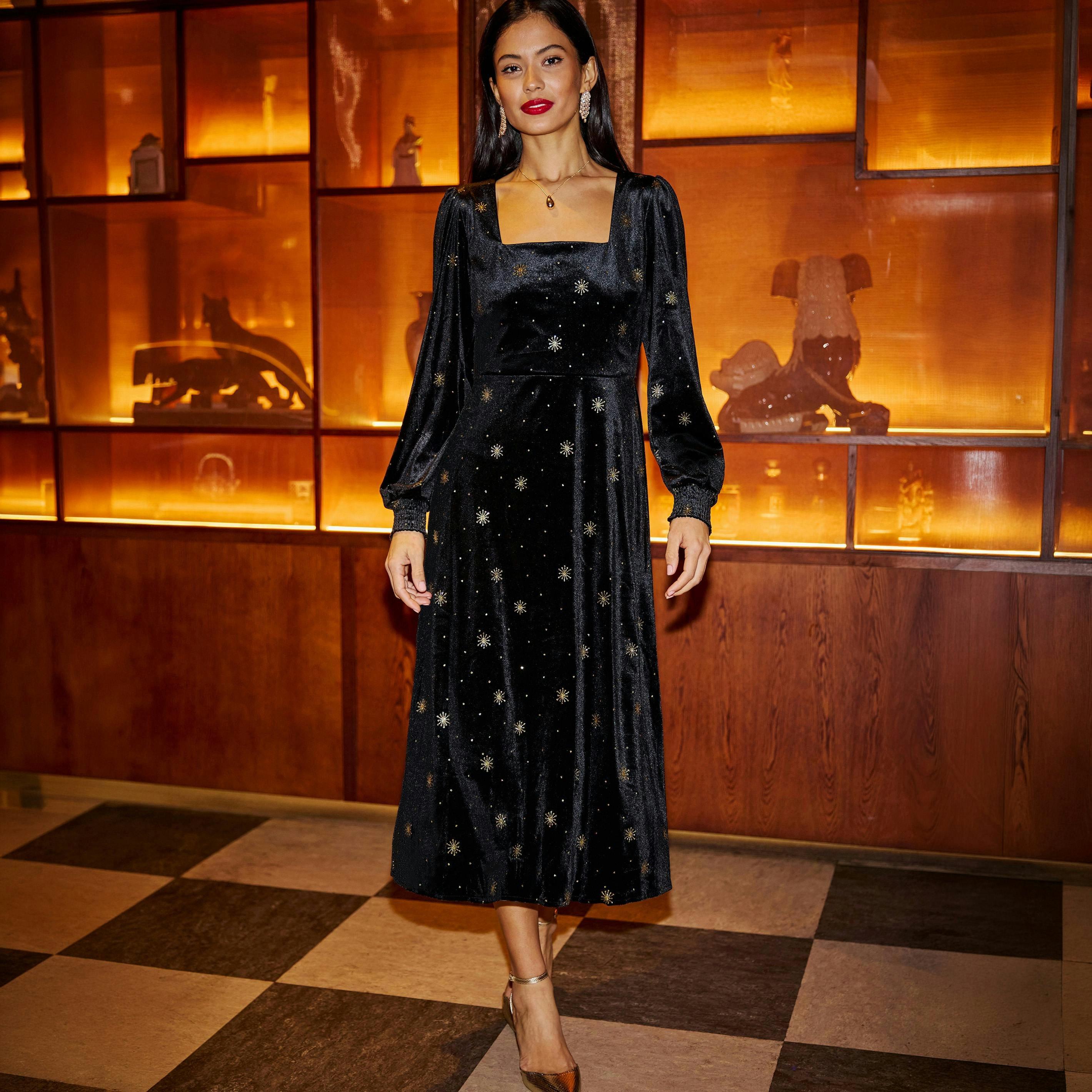 Yumi Black Velvet Midi Dress With Starburst Foil Print , view 3 of 6