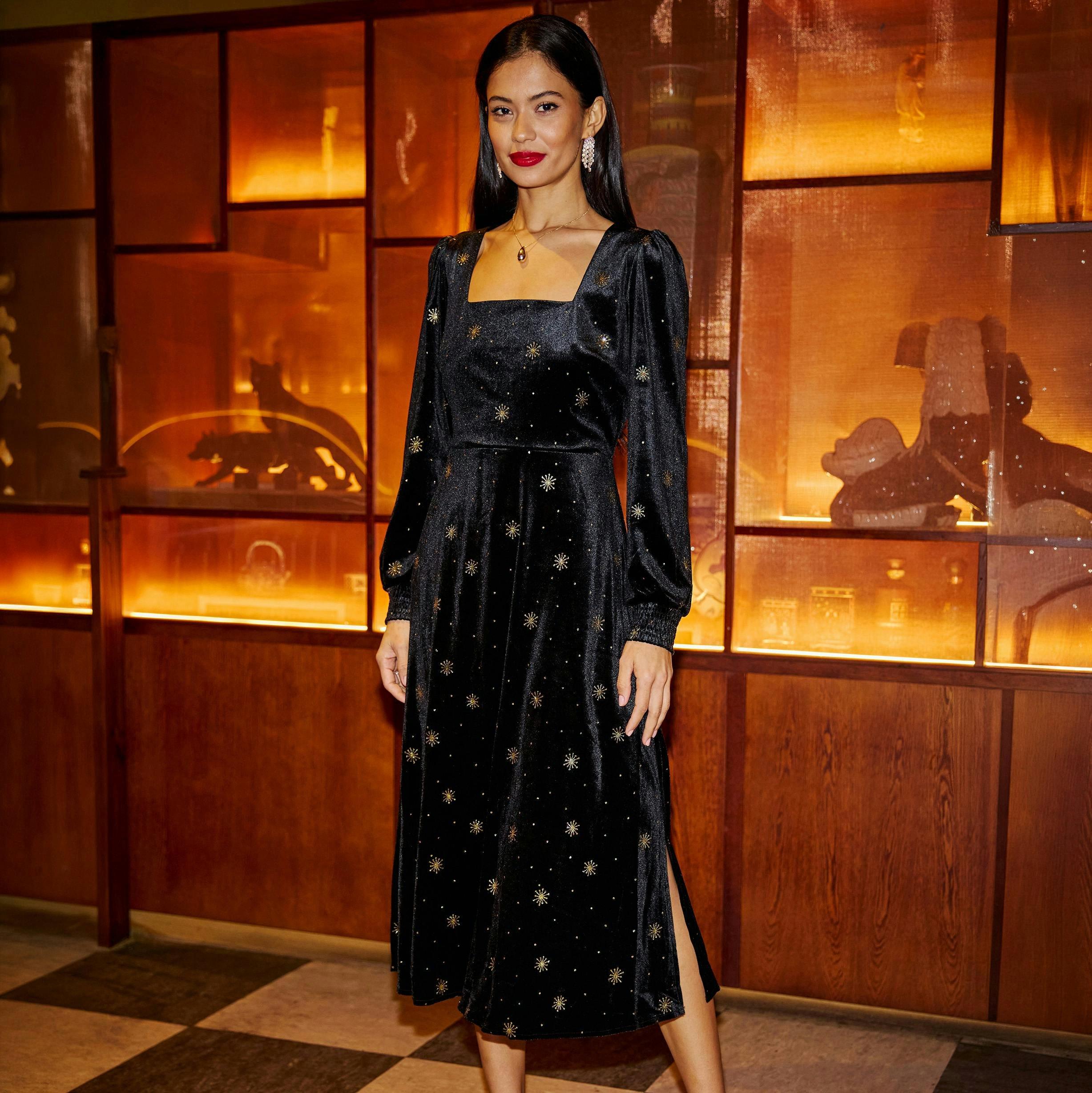 Yumi Black Velvet Midi Dress With Starburst Foil Print , view 4 of 6