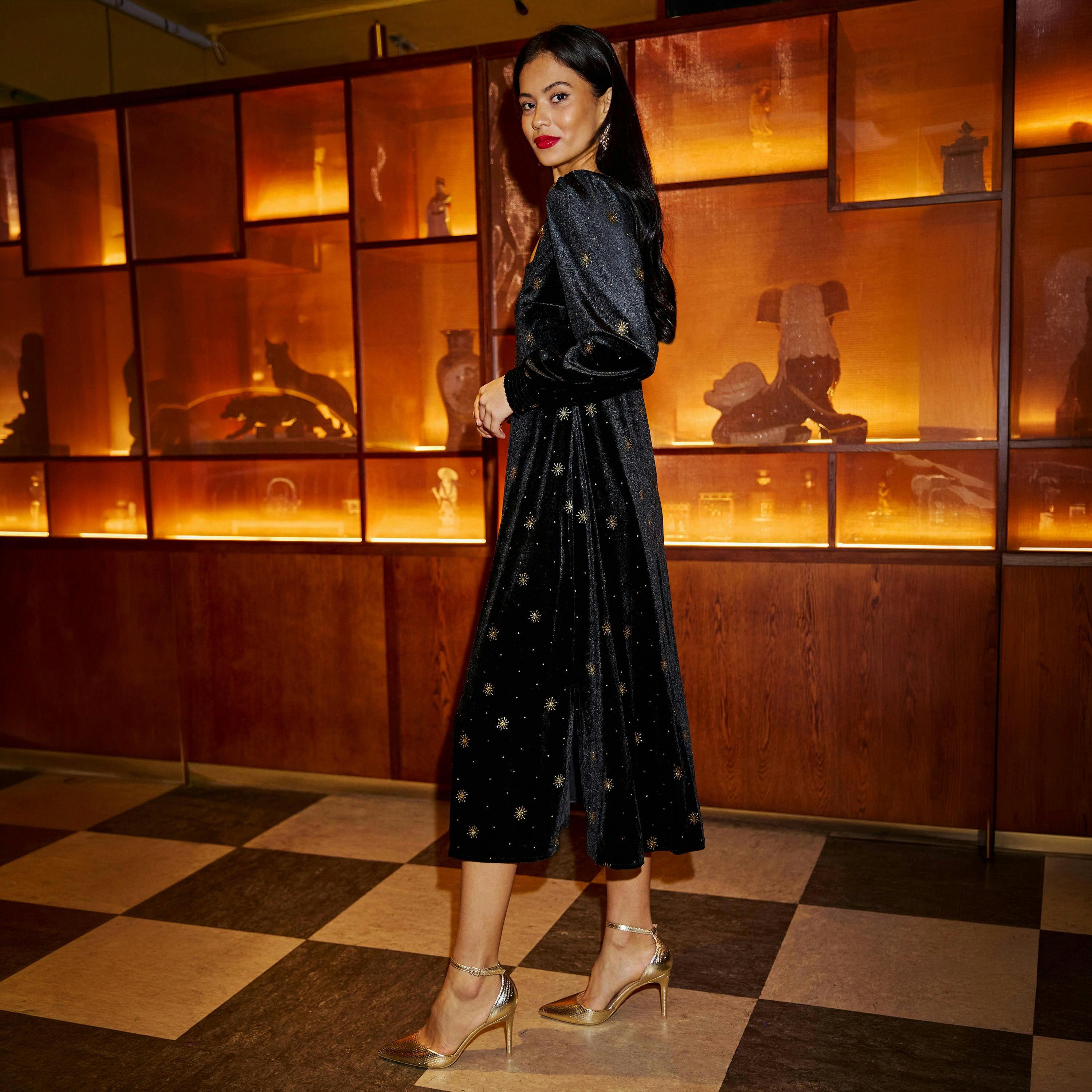 Yumi Black Velvet Midi Dress With Starburst Foil Print , view 5 of 6