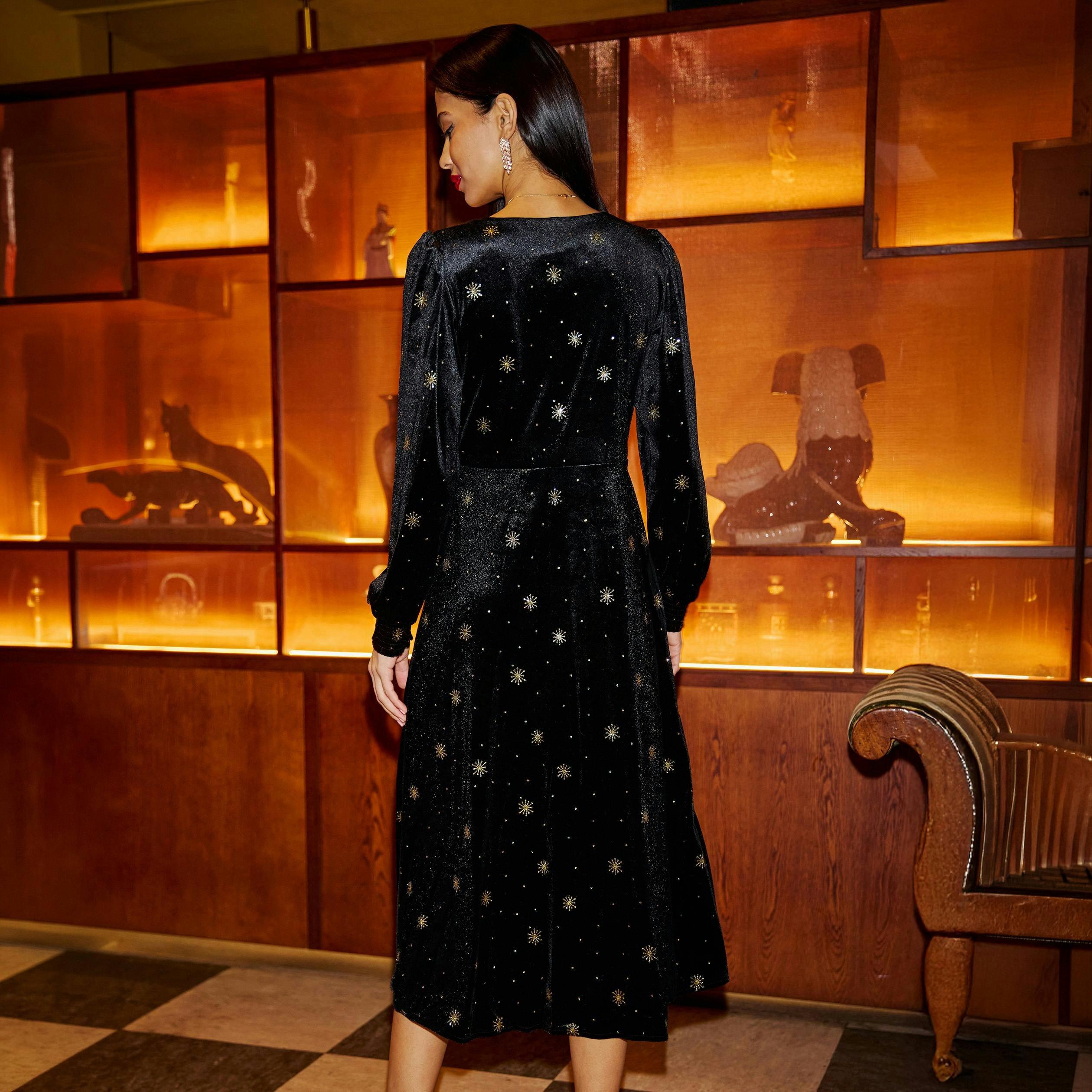Yumi Black Velvet Midi Dress With Starburst Foil Print , view 6 of 6
