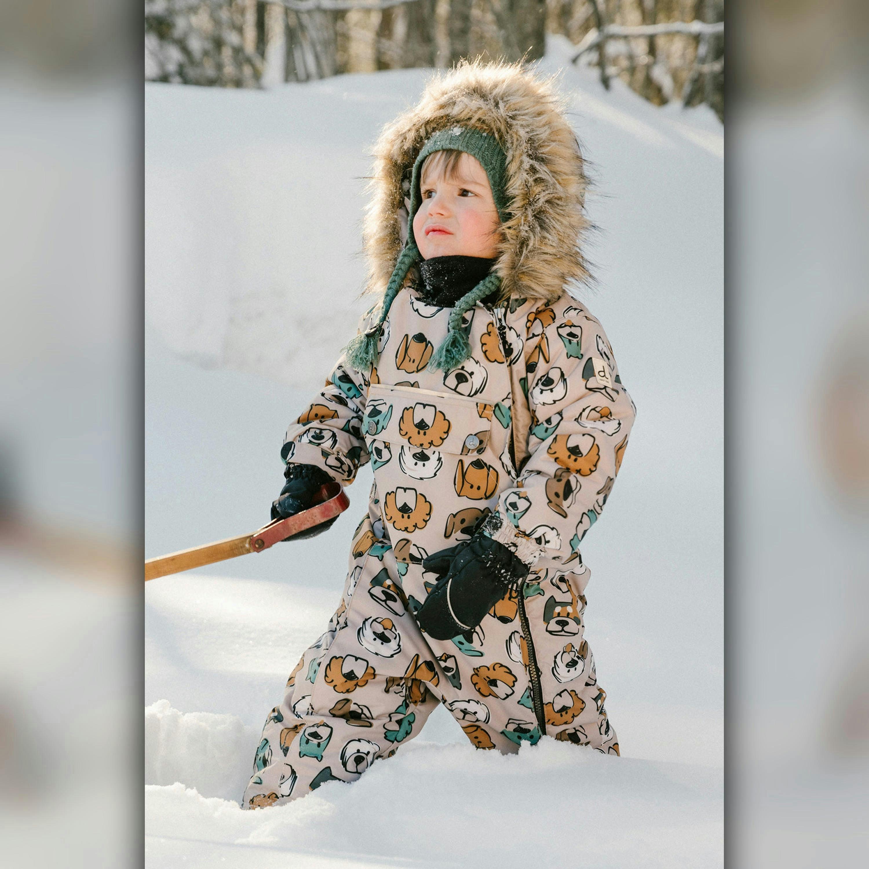 Baby One Piece Snowsuit Adapted For Car Seats Beige Dog Print , view 2 of 6