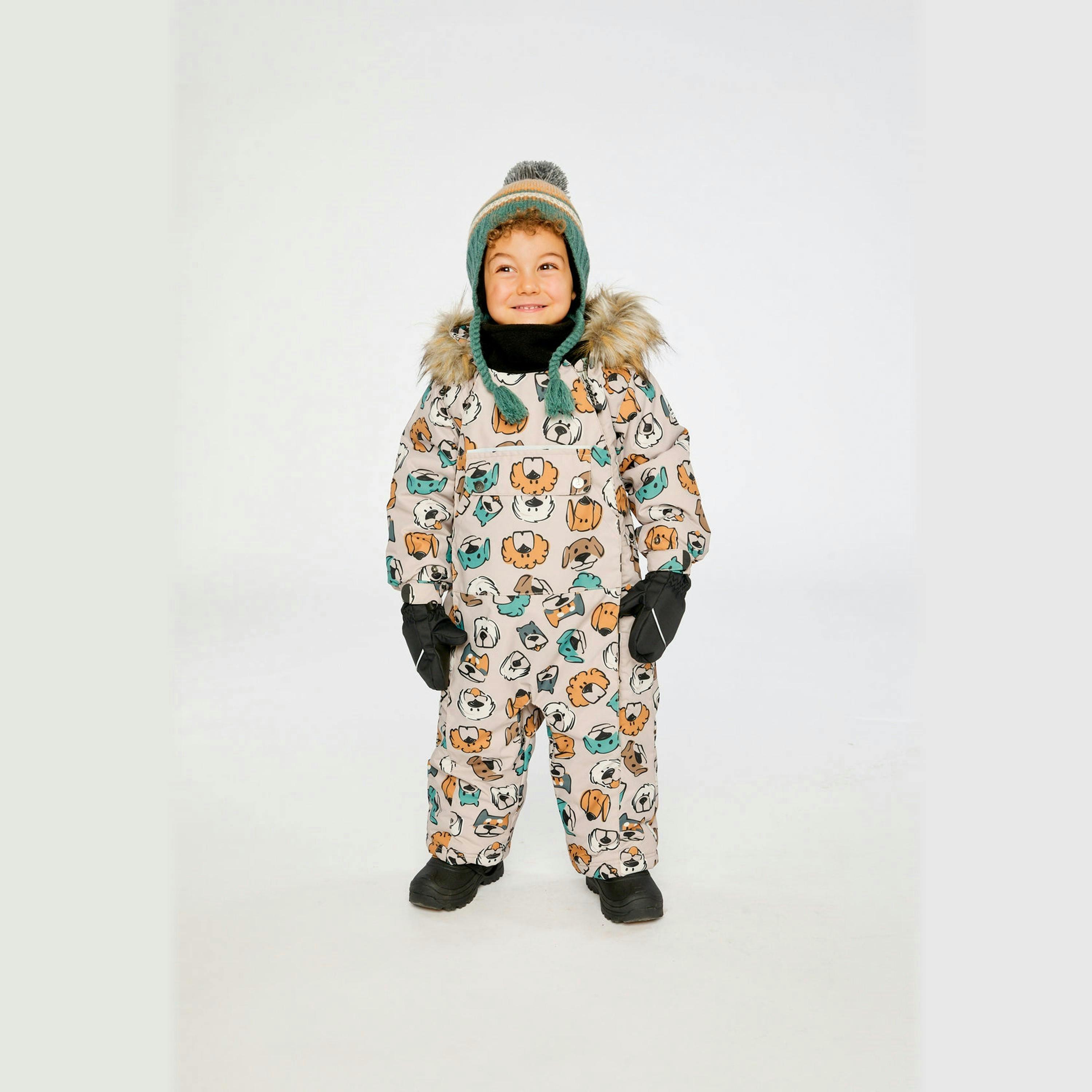Baby One Piece Snowsuit Adapted For Car Seats Beige Dog Print , view 4 of 6