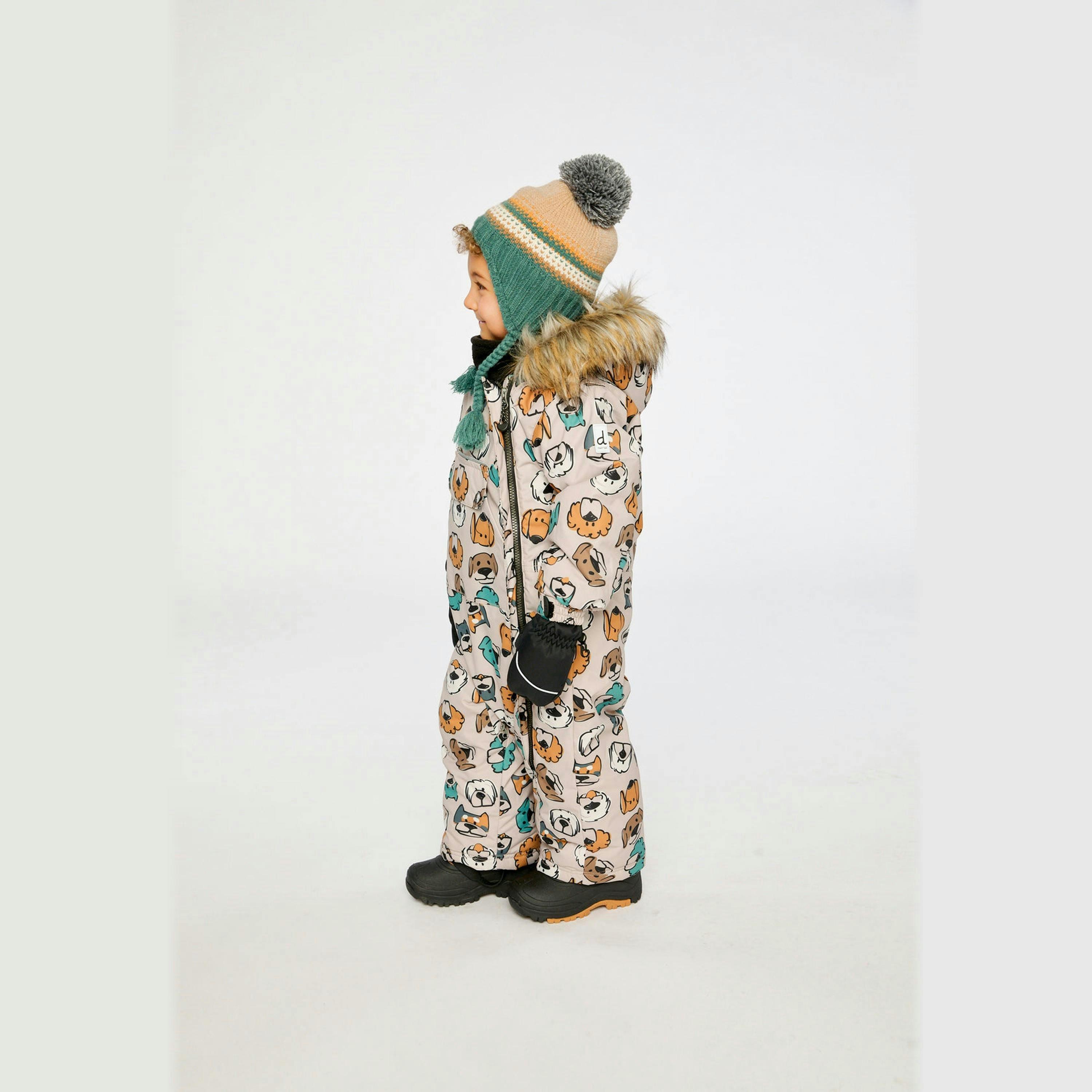 Baby One Piece Snowsuit Adapted For Car Seats Beige Dog Print , view 5 of 6