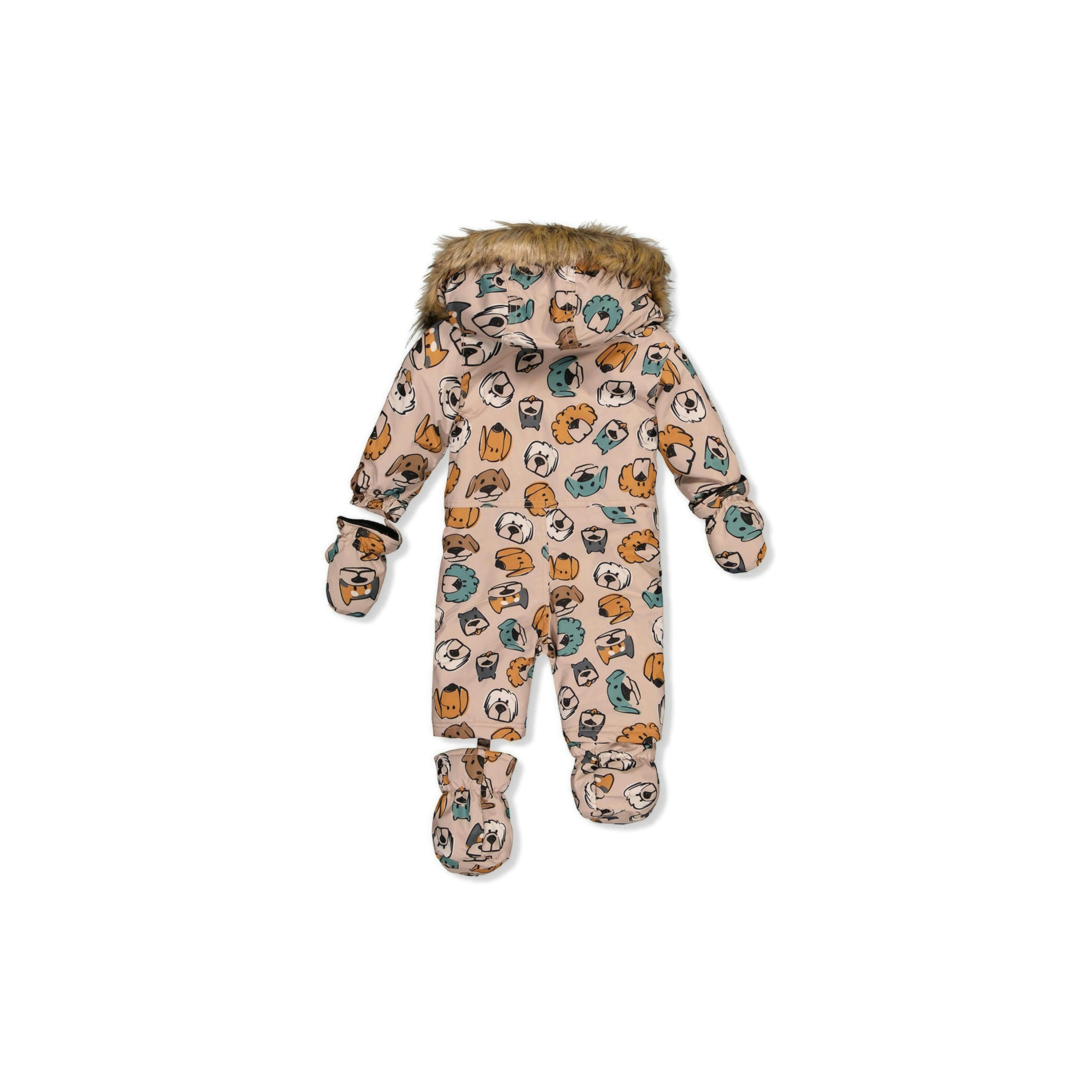 Baby One Piece Snowsuit Adapted For Car Seats Beige Dog Print , view 6 of 6