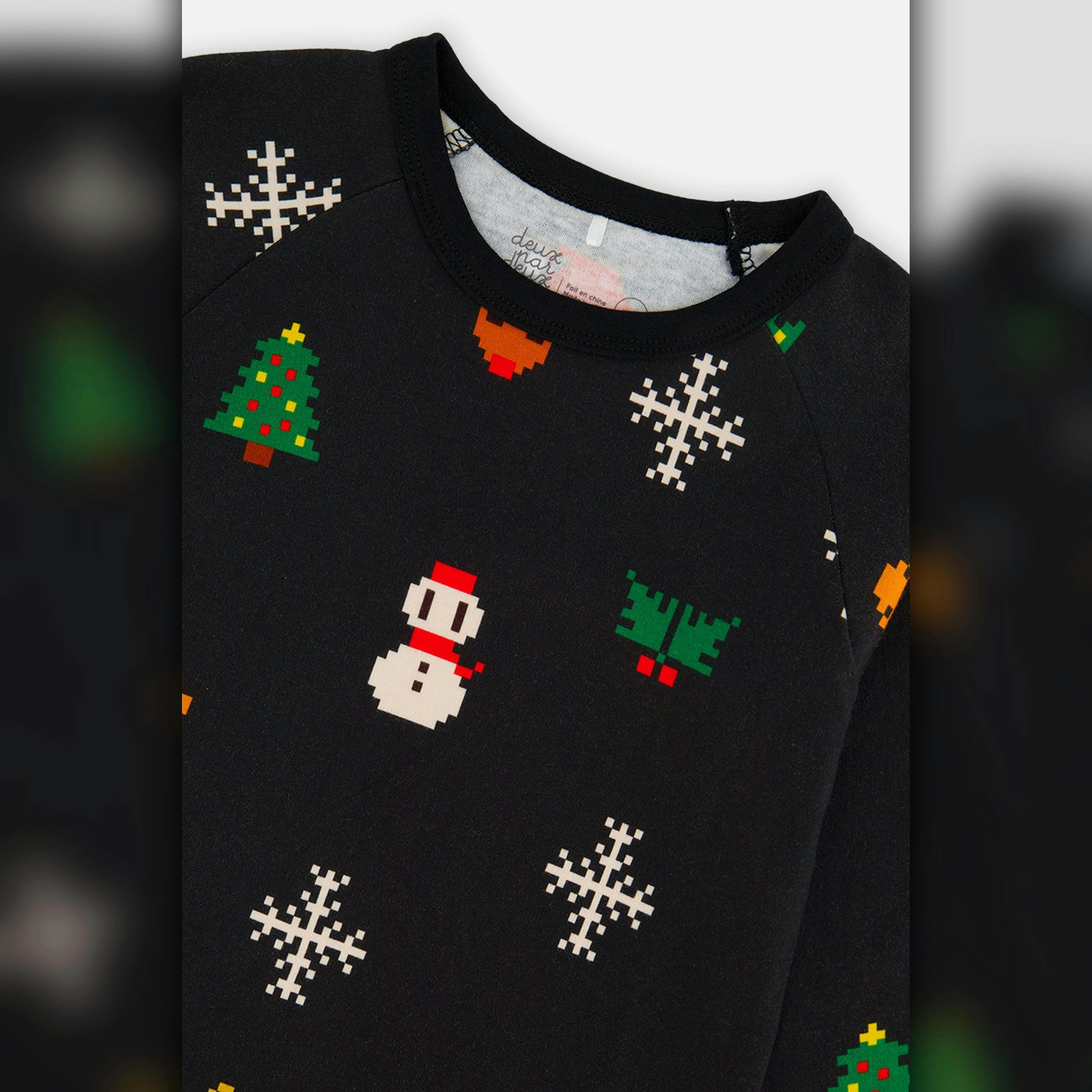 Organic Cotton Two Piece Pajama Set Black Christmas Pixel Print , view 5 of 6