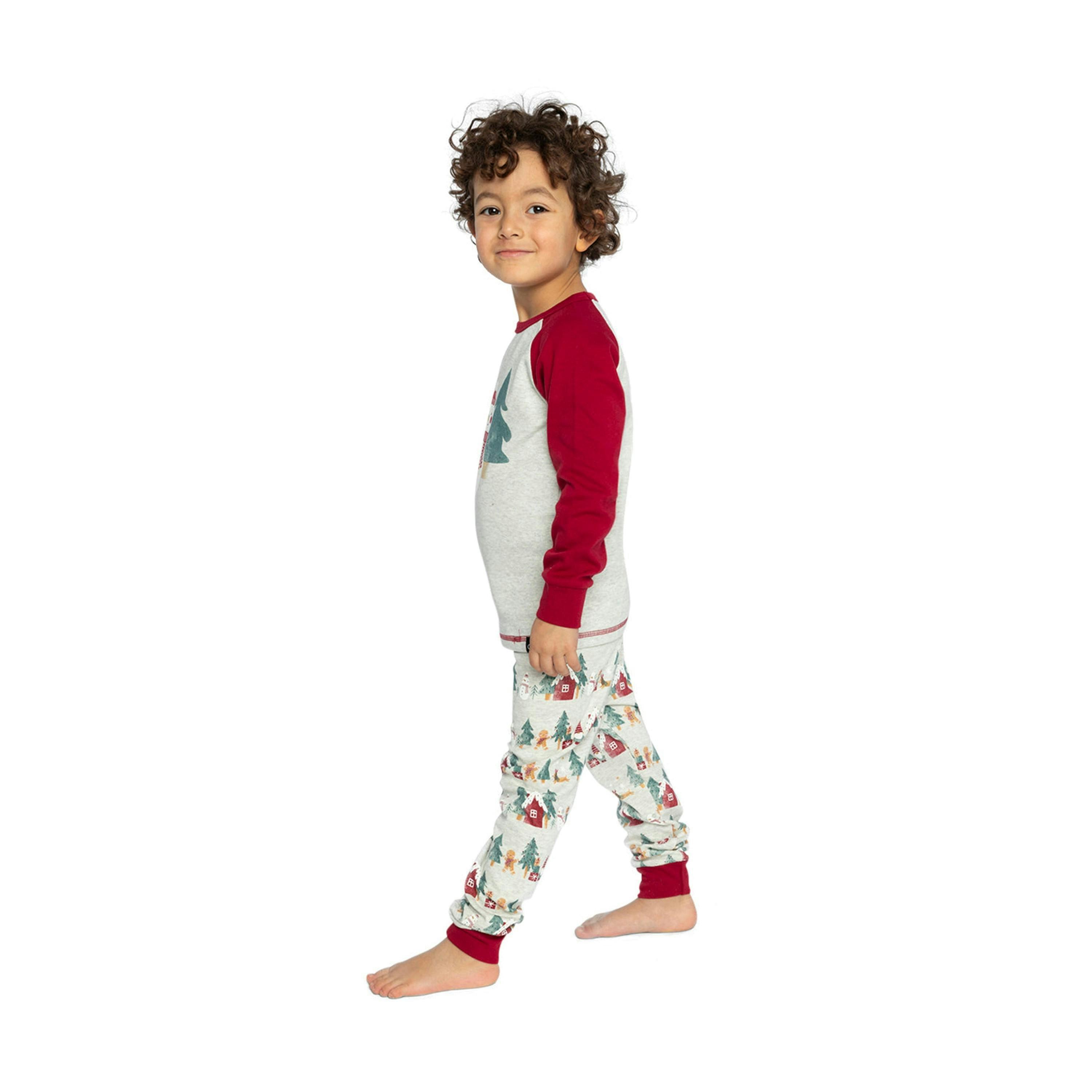Organic Cotton Two Piece Christmas Pajama Set Beige Christmas Print , view 3 of 6