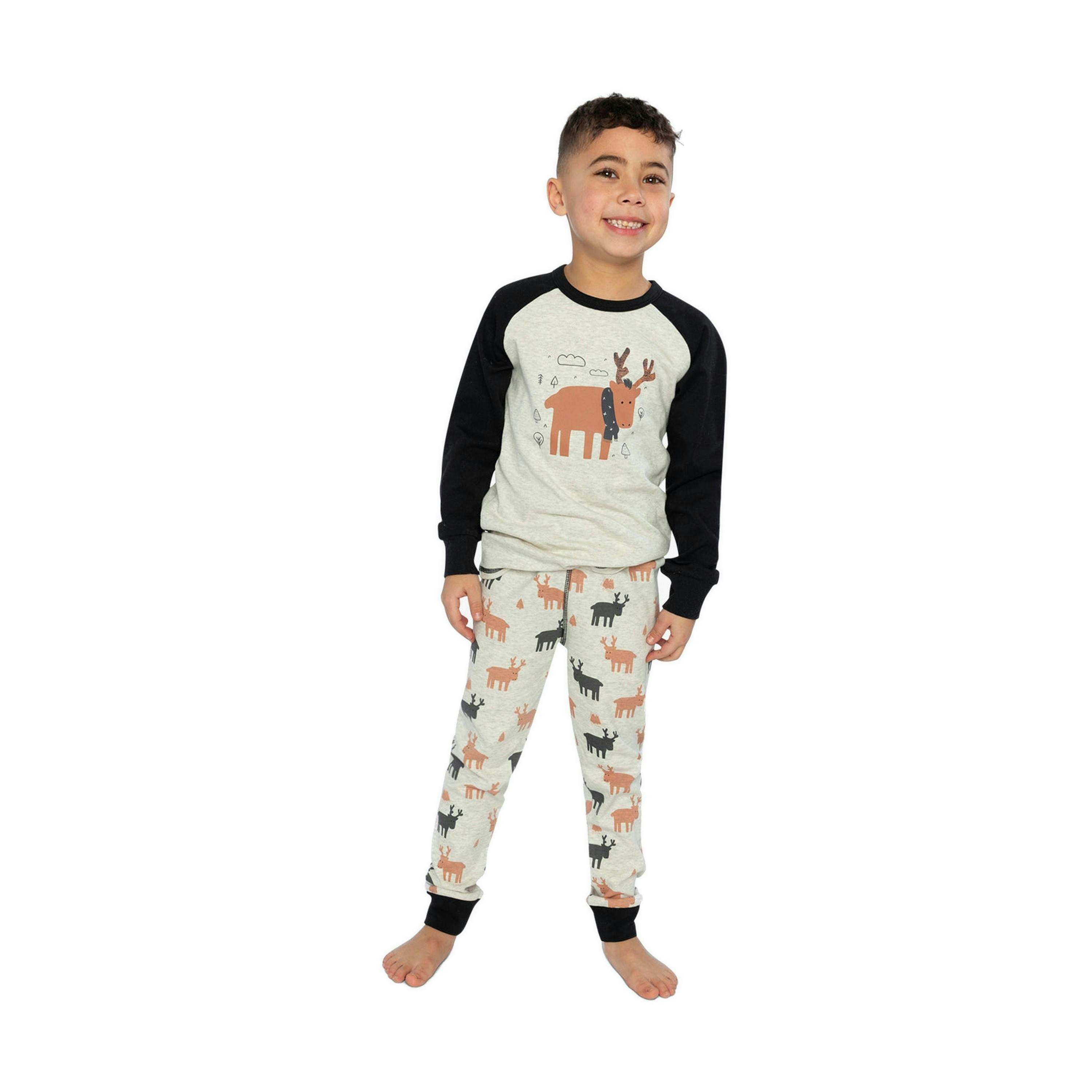Organic Cotton Two Piece Pajama Set Beige Elk Print , view 2 of 6