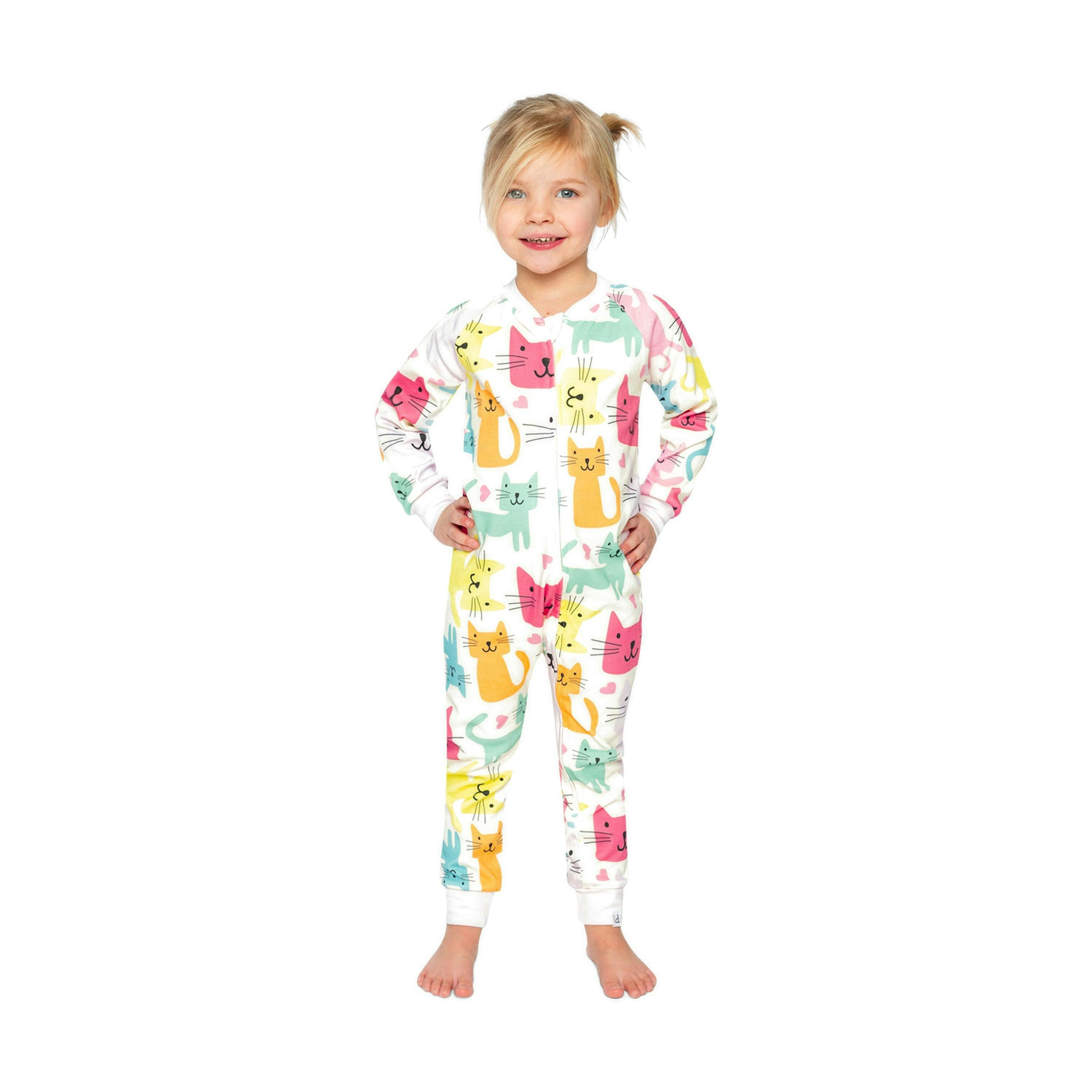 Organic Cotton One Piece Pajama White Cat Print , view 2 of 5