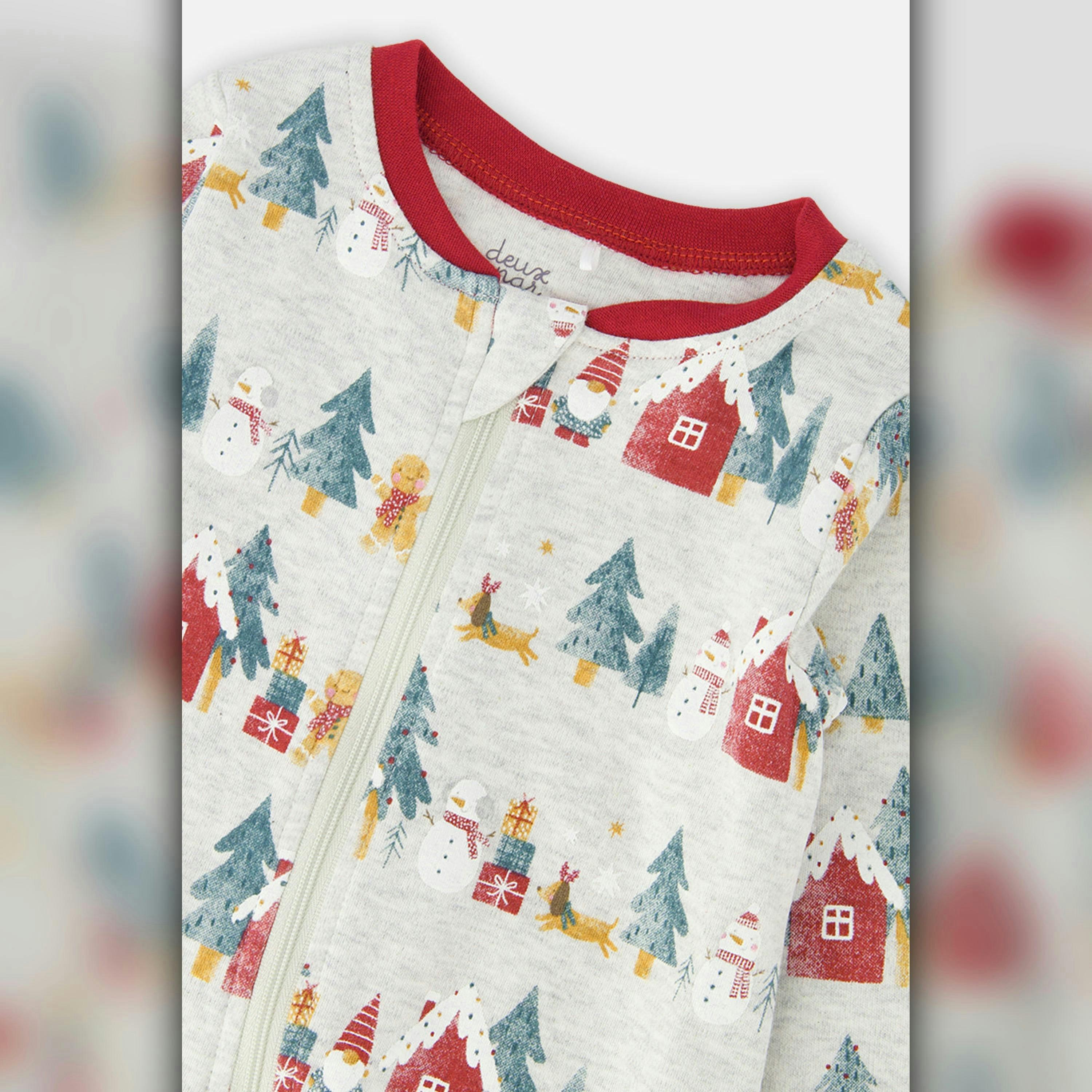Baby Organic Cotton One Piece Christmas Pajama Beige Christmas Print , view 2 of 2