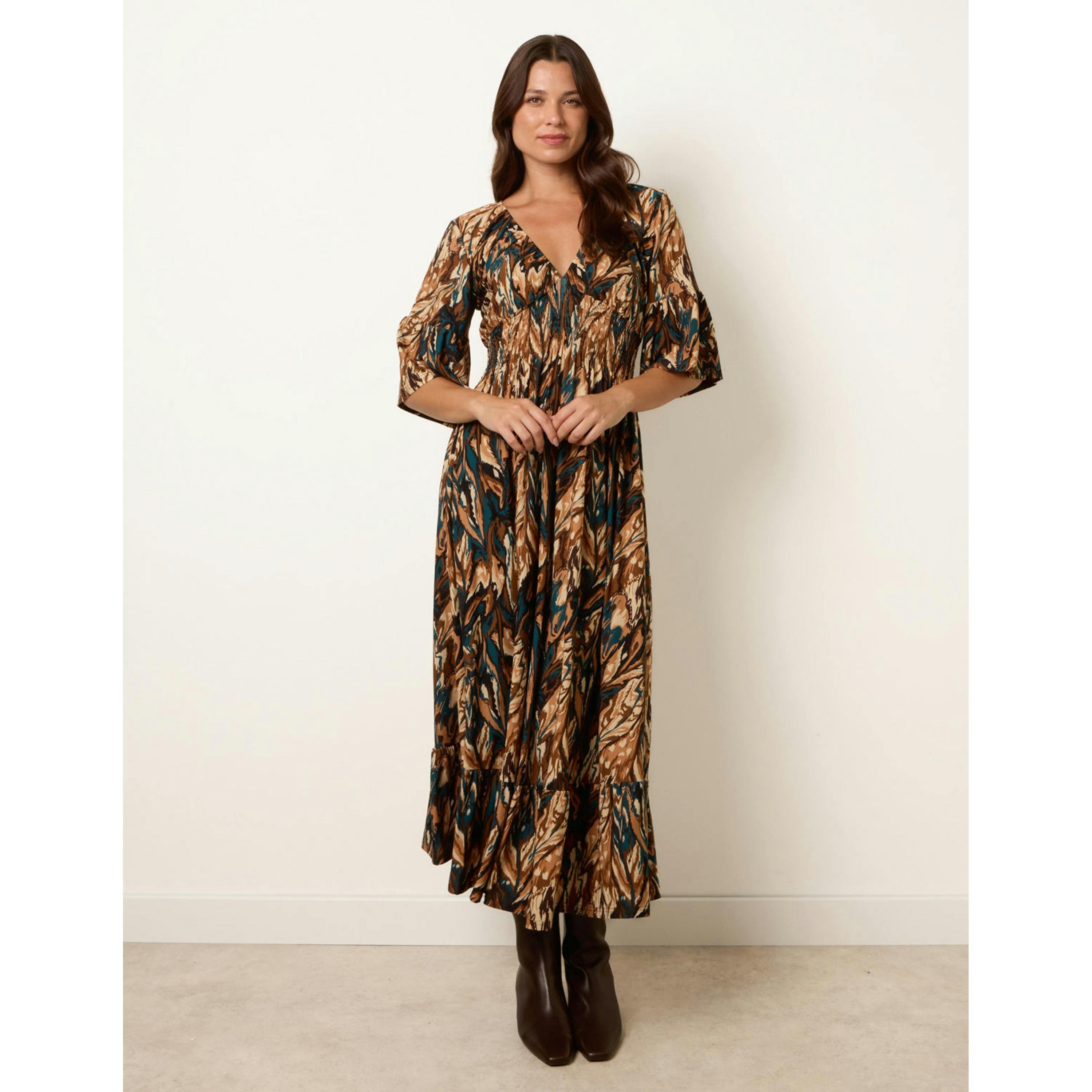 Blue Vanilla Elasticated Shirred Waist V Neck Midi Dress  in Brown , view 1 of 4