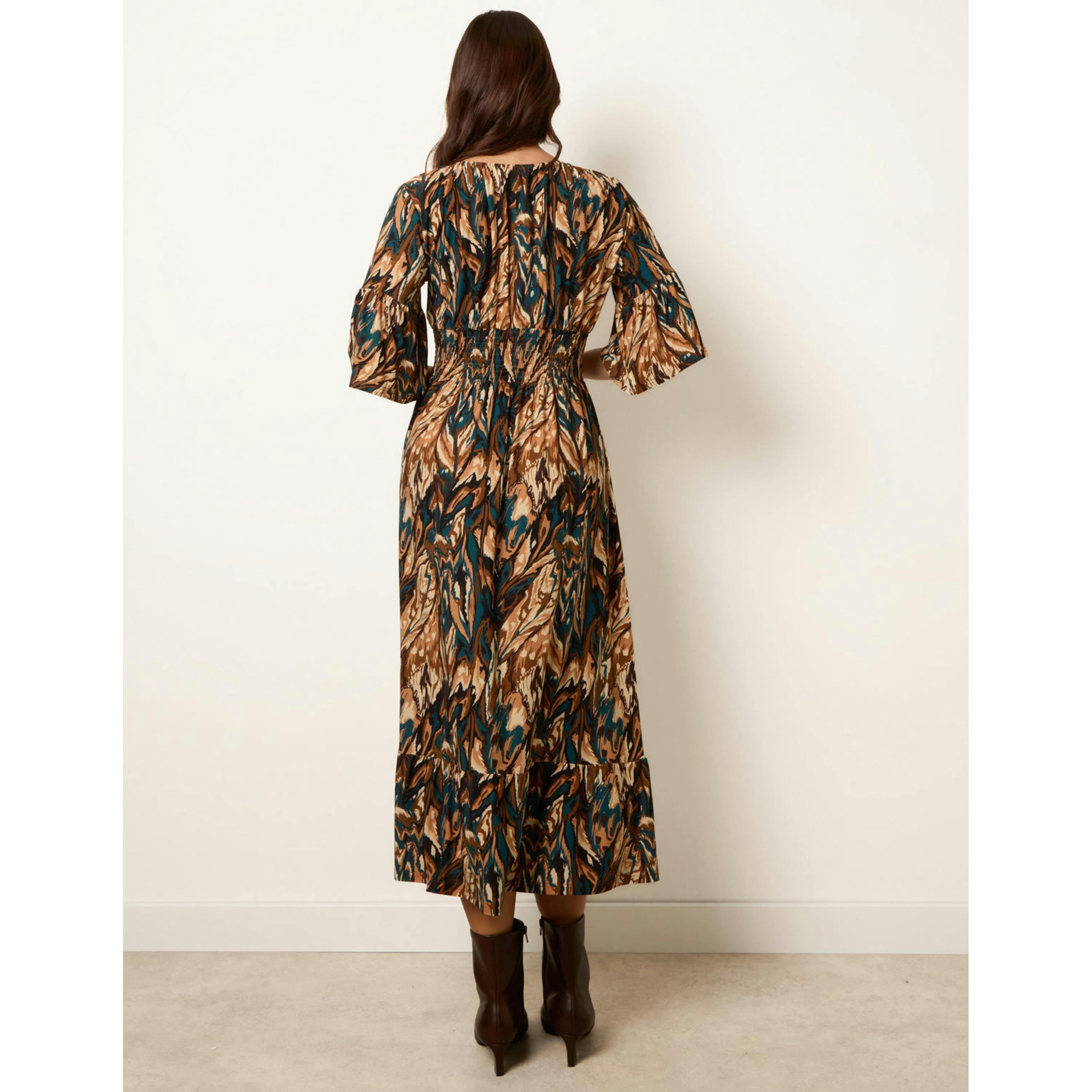 Blue Vanilla Elasticated Shirred Waist V Neck Midi Dress  in Brown , view 2 of 5