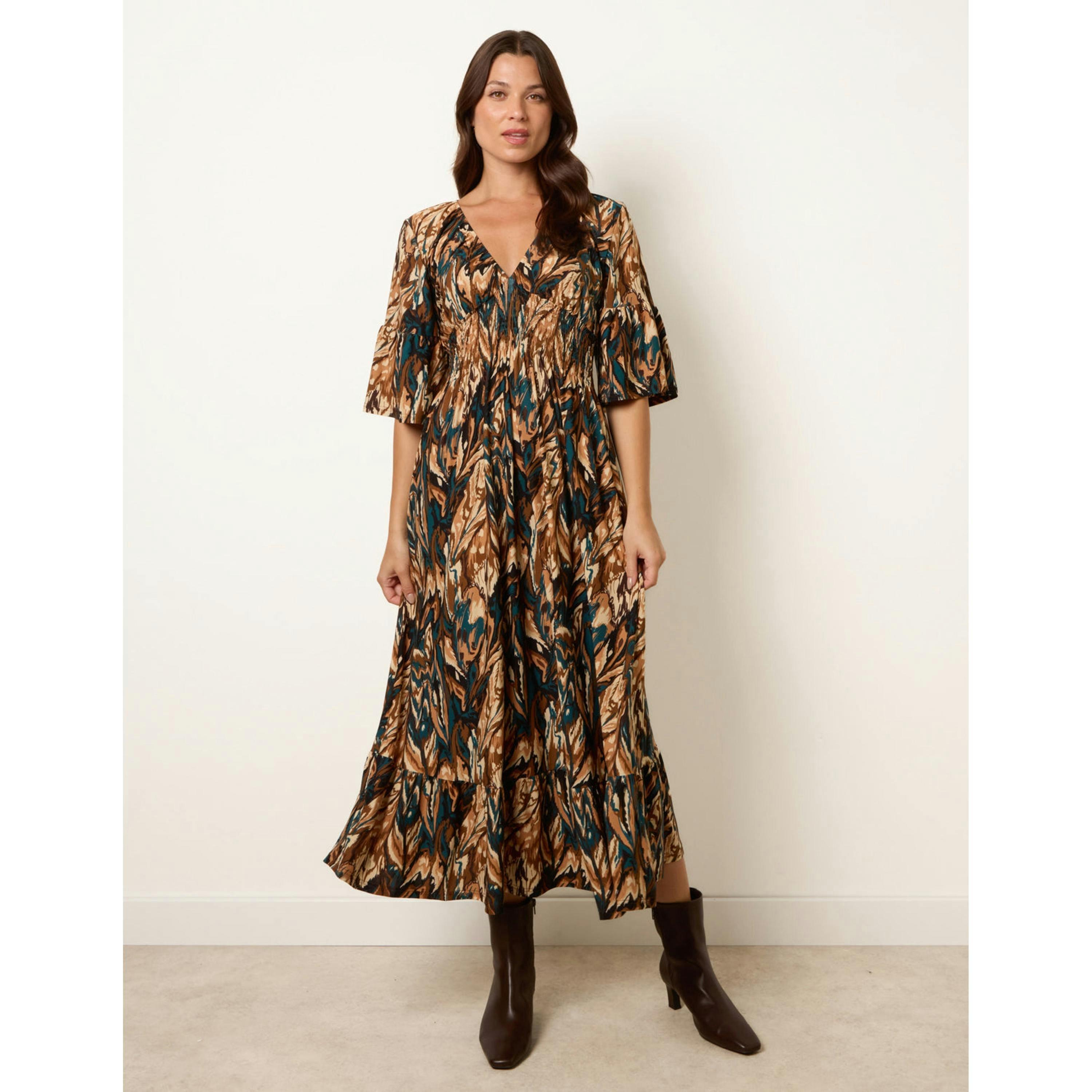 Blue Vanilla Elasticated Shirred Waist V Neck Midi Dress  in Brown , view 4 of 5