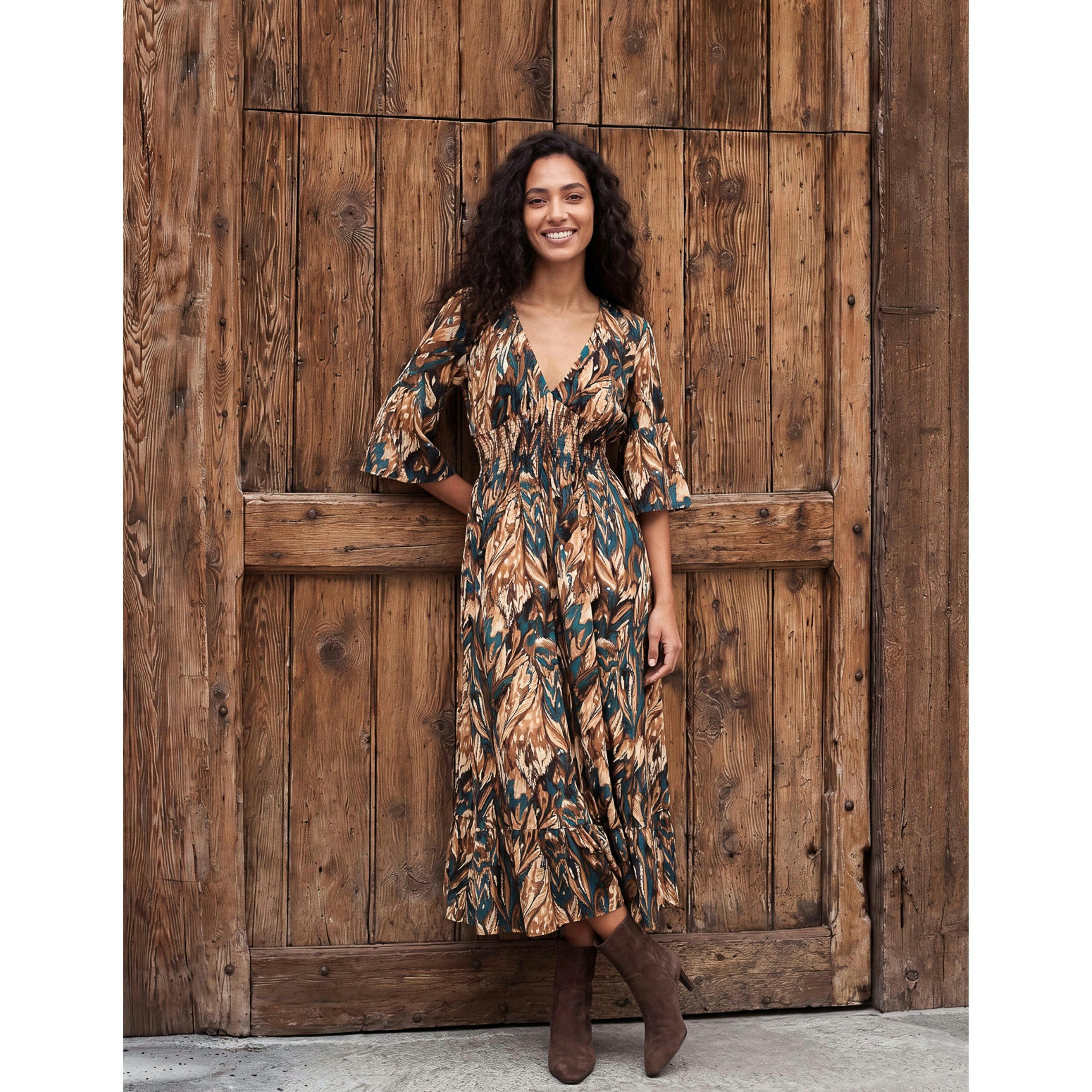 Blue Vanilla Elasticated Shirred Waist V Neck Midi Dress  in Brown , view 5 of 5