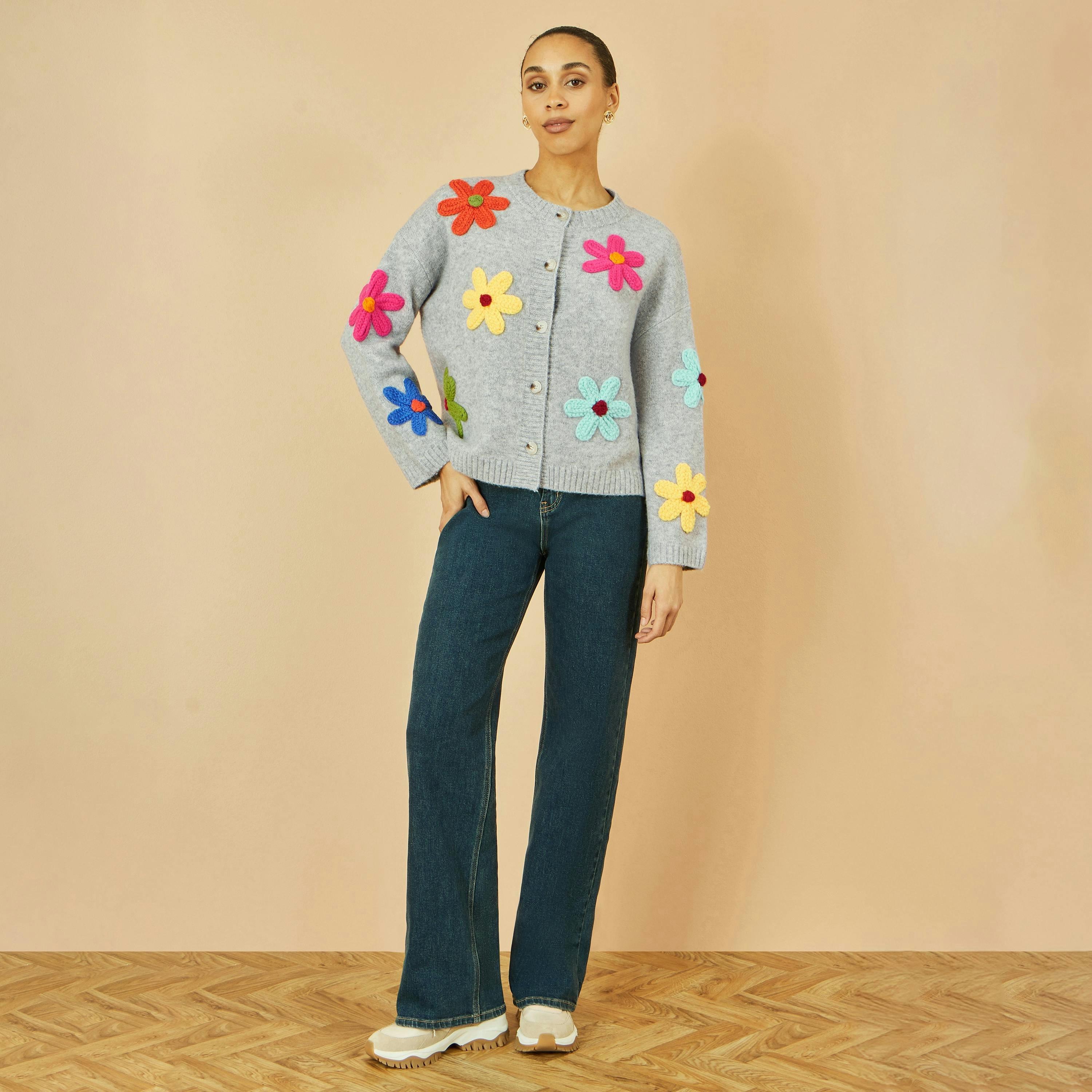Yumi Grey Knitted Flower Applique Cardigan , view 2 of 6