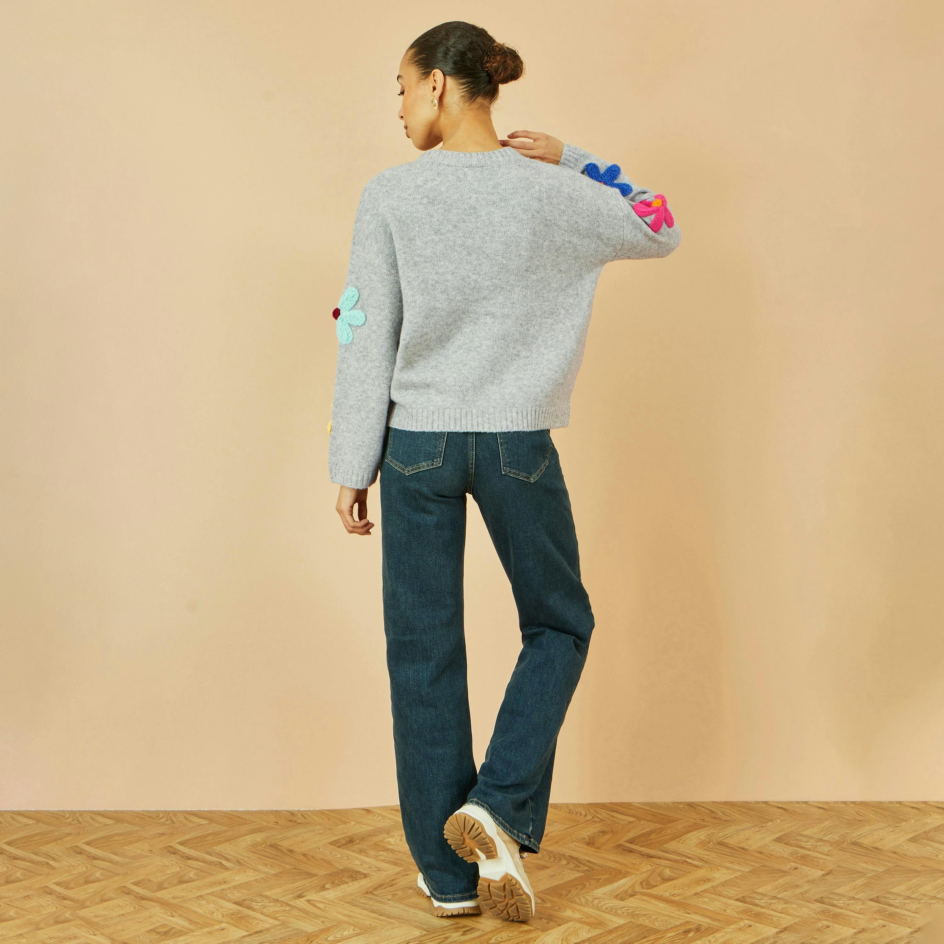 Yumi Grey Knitted Flower Applique Cardigan , view 3 of 6