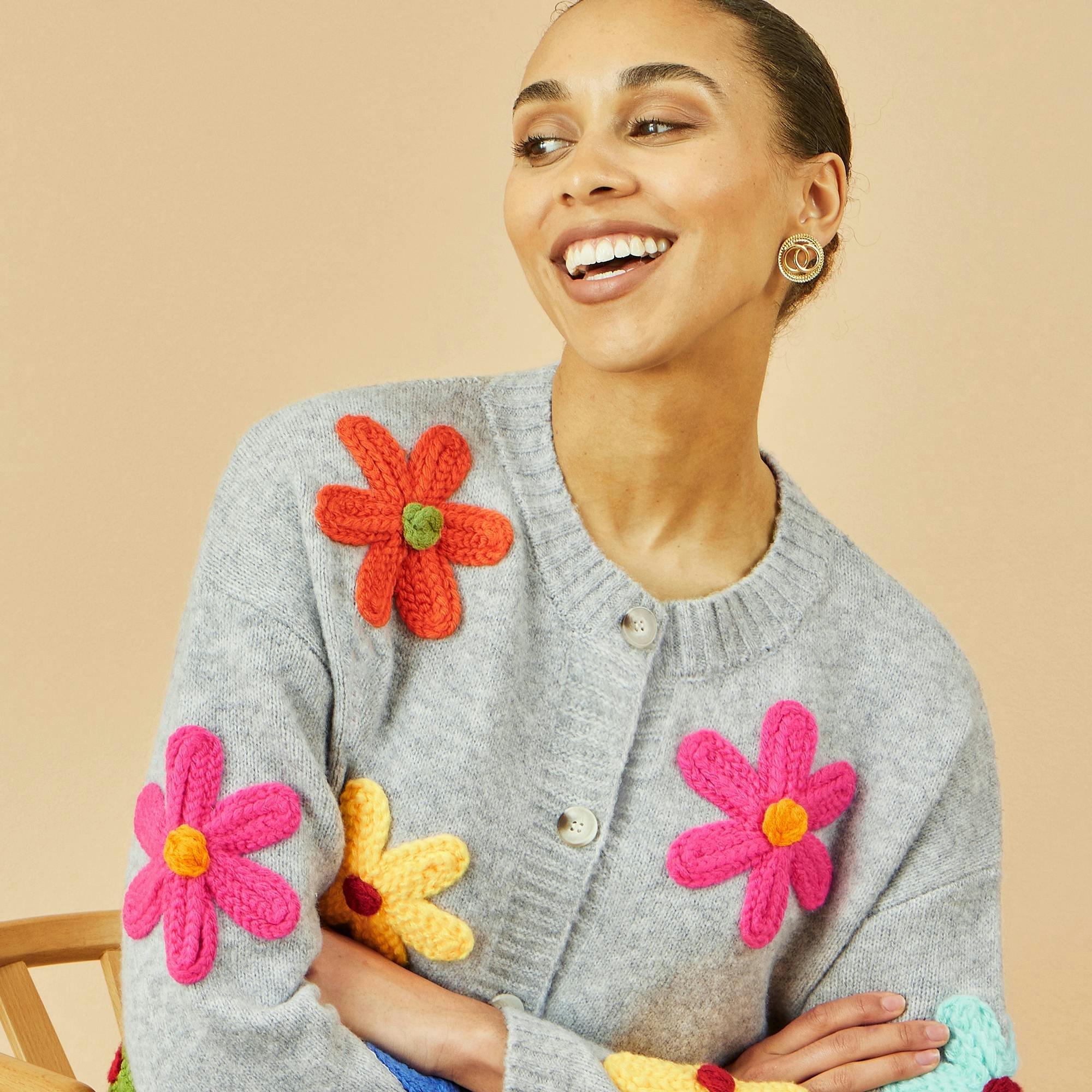 Yumi Grey Knitted Flower Applique Cardigan , view 4 of 6