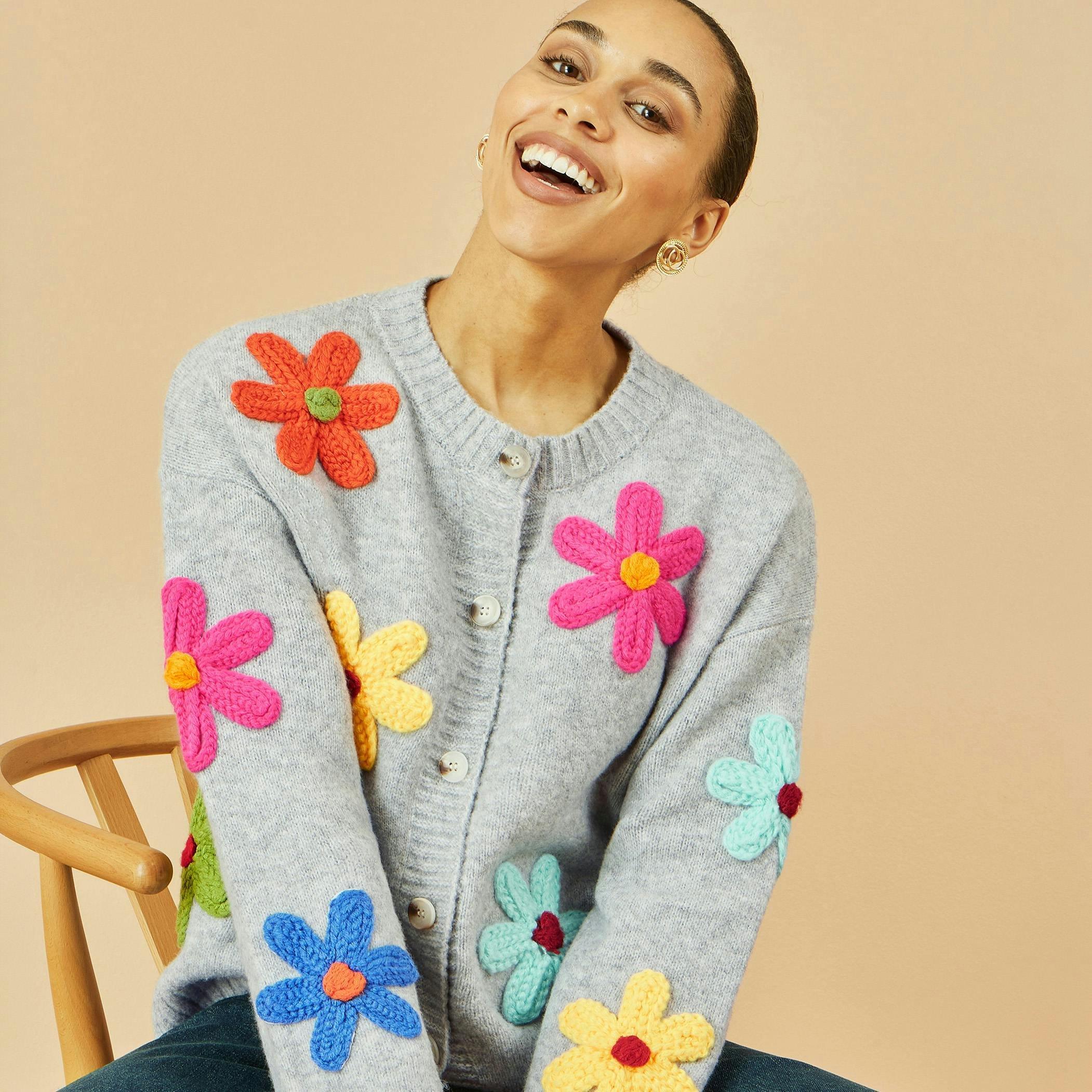 Yumi Grey Knitted Flower Applique Cardigan , view 5 of 6