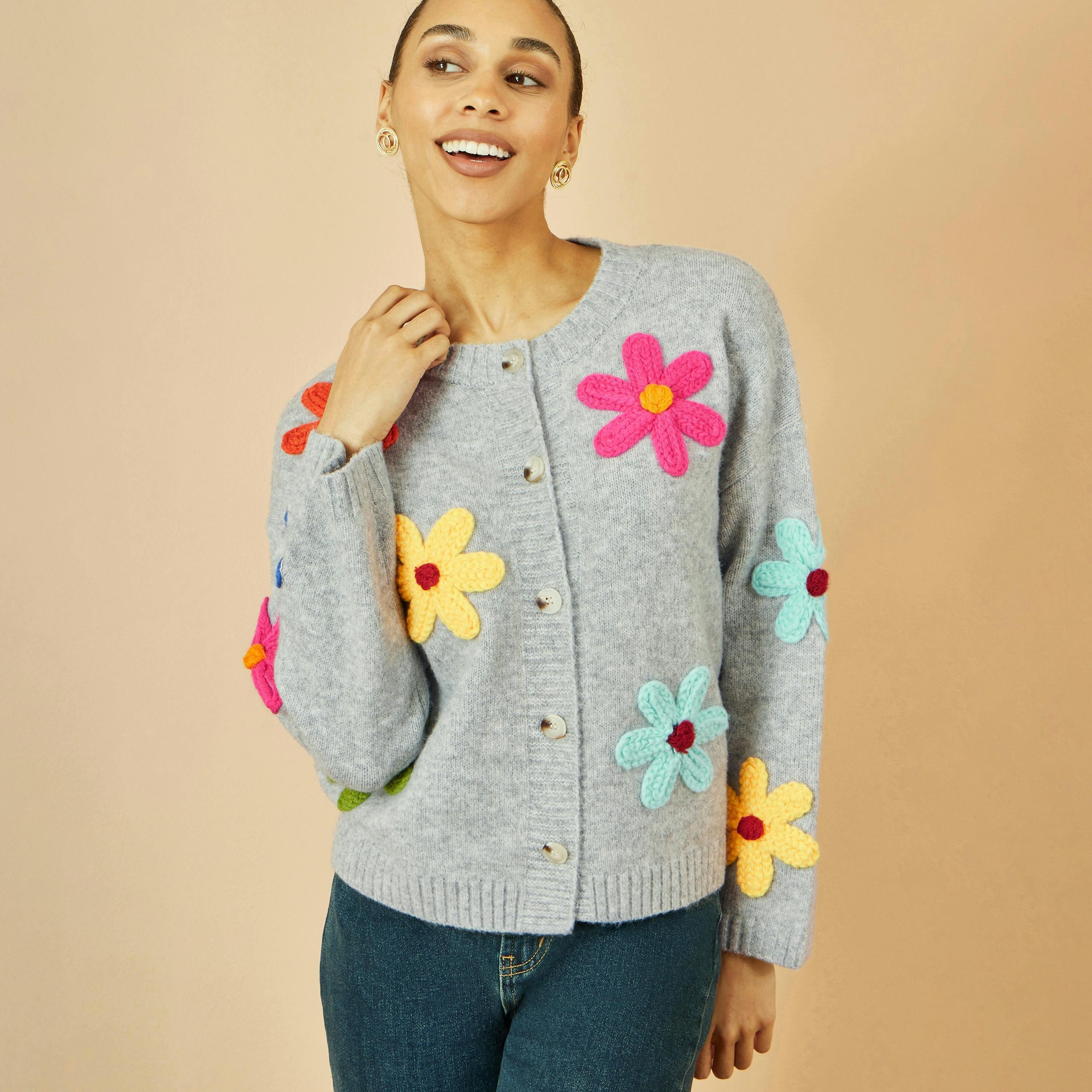 Yumi Grey Knitted Flower Applique Cardigan , view 6 of 6