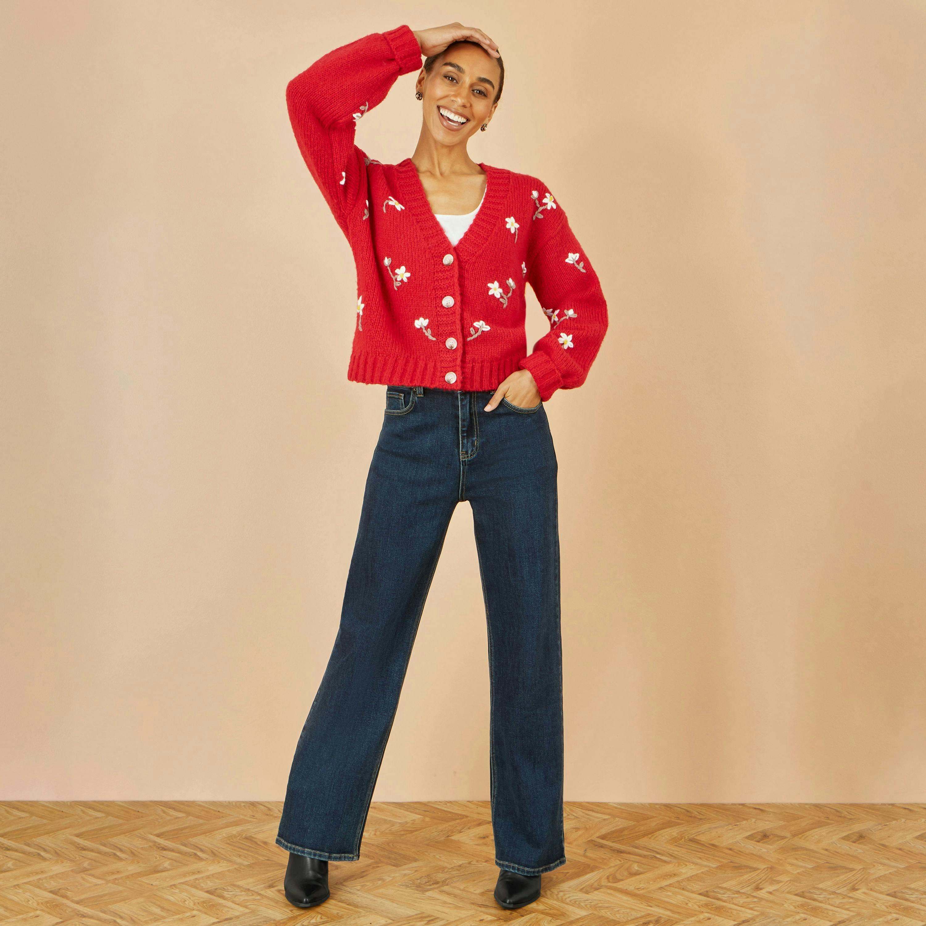 Yumi Red Hand Embroidered Chunky Knitted Cardigan , view 2 of 5
