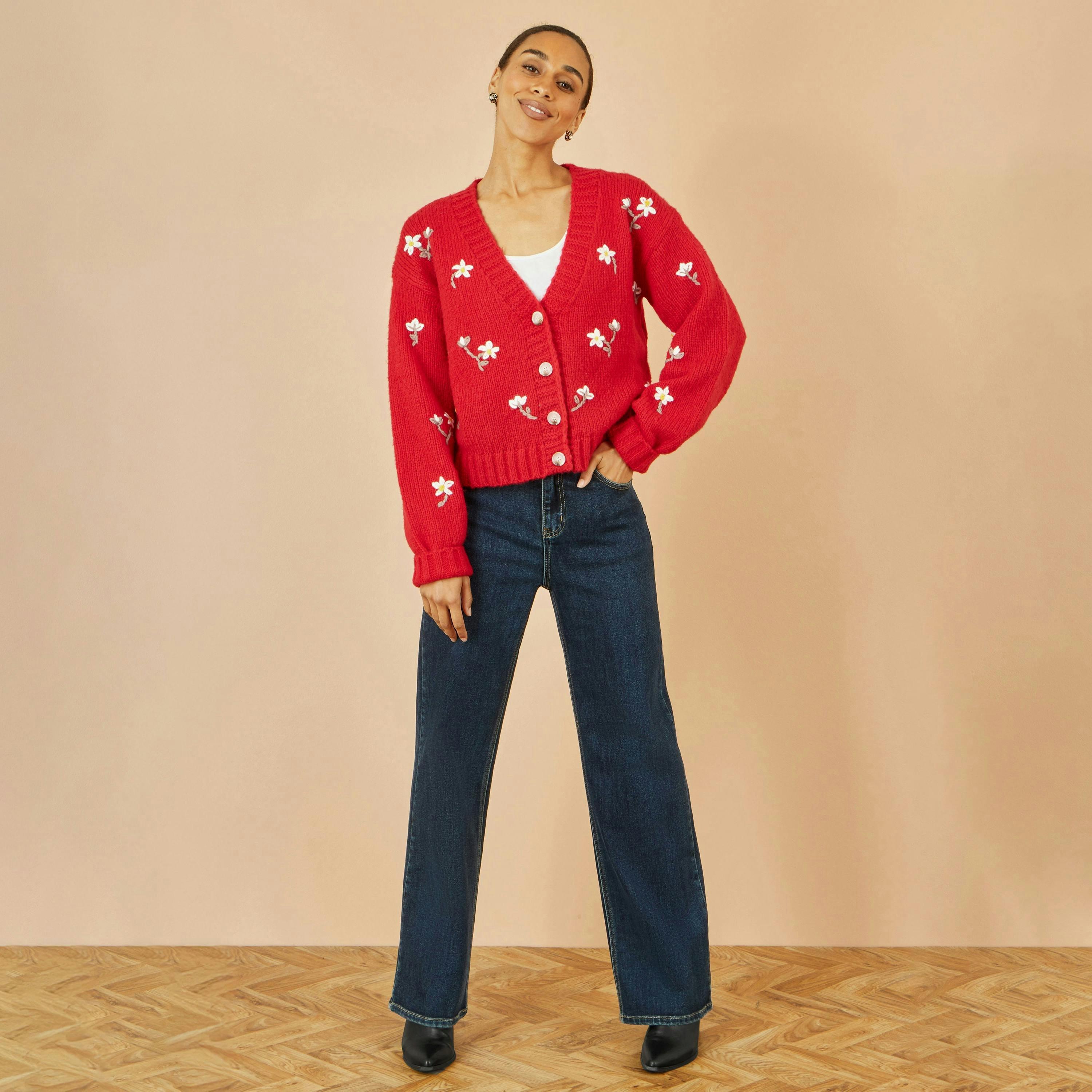 Yumi Red Hand Embroidered Chunky Knitted Cardigan , view 3 of 5