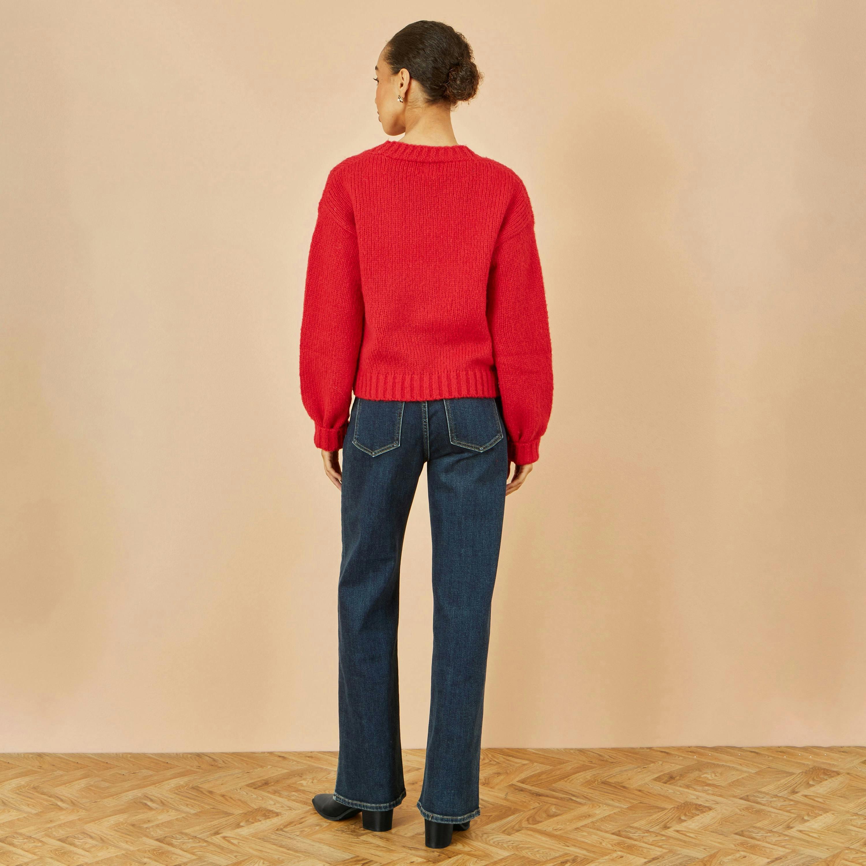 Yumi Red Hand Embroidered Chunky Knitted Cardigan , view 4 of 5