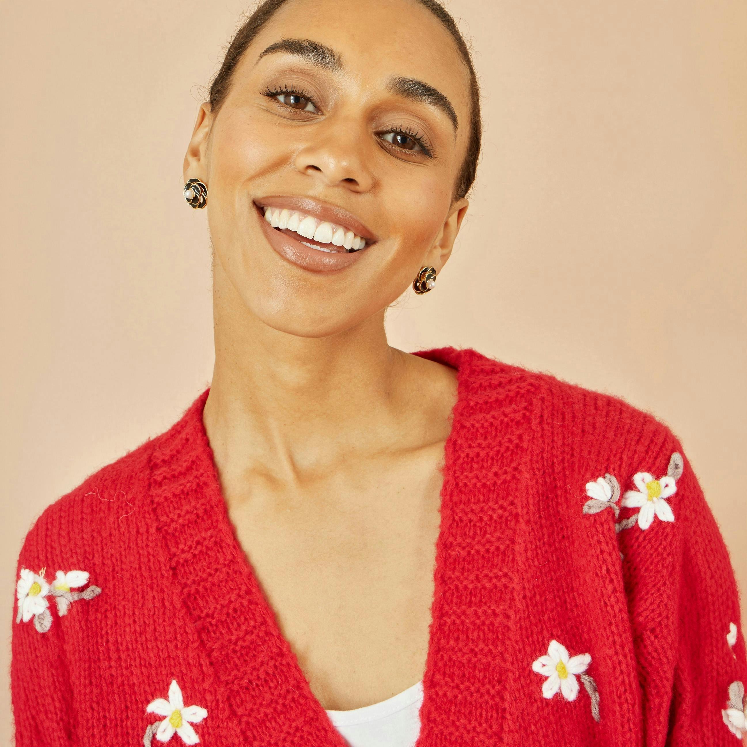 Yumi Red Hand Embroidered Chunky Knitted Cardigan , view 5 of 5