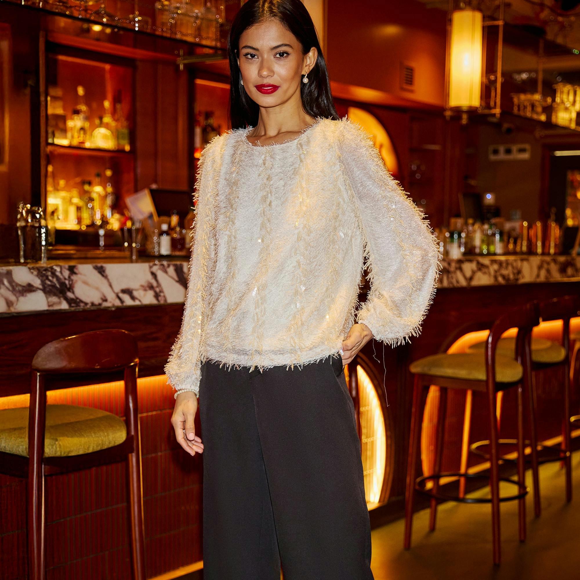 Yumi Ivory Hanging Sequin Long Sleeve Top , view 5 of 6
