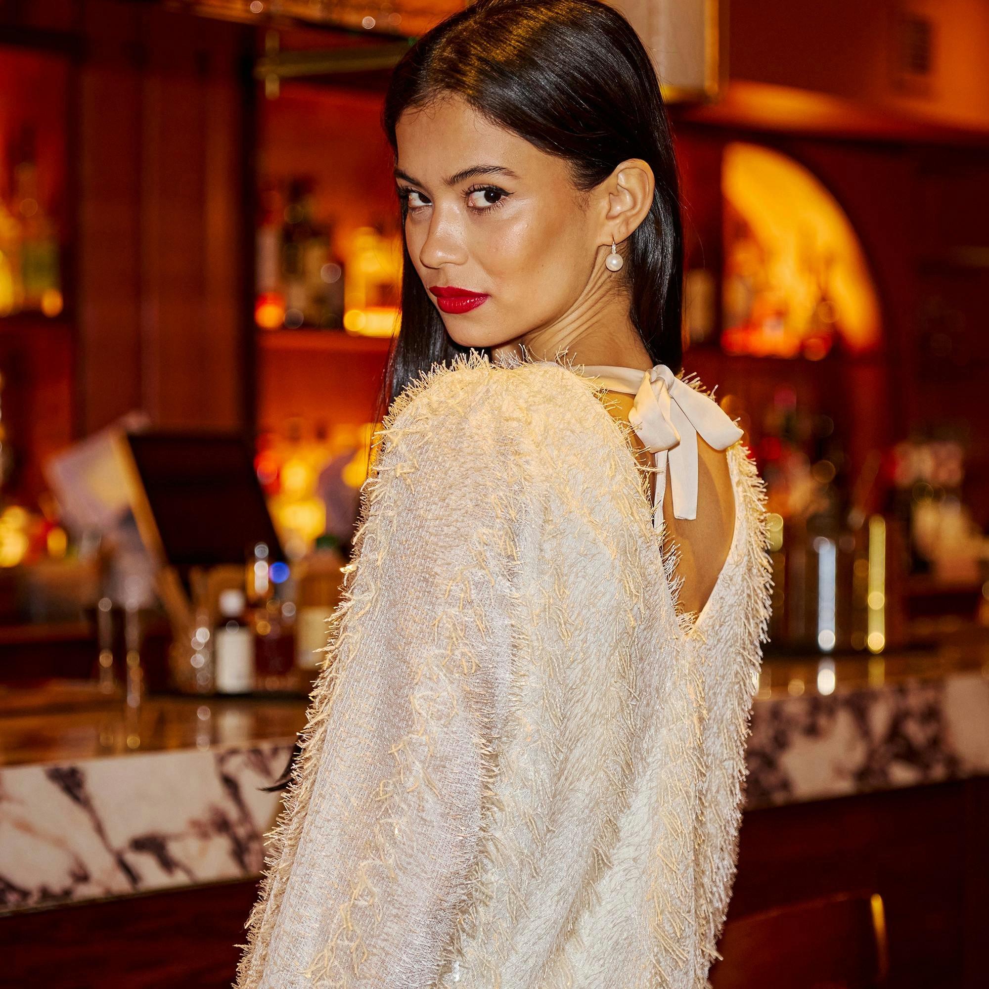 Yumi Ivory Hanging Sequin Long Sleeve Top , view 6 of 6