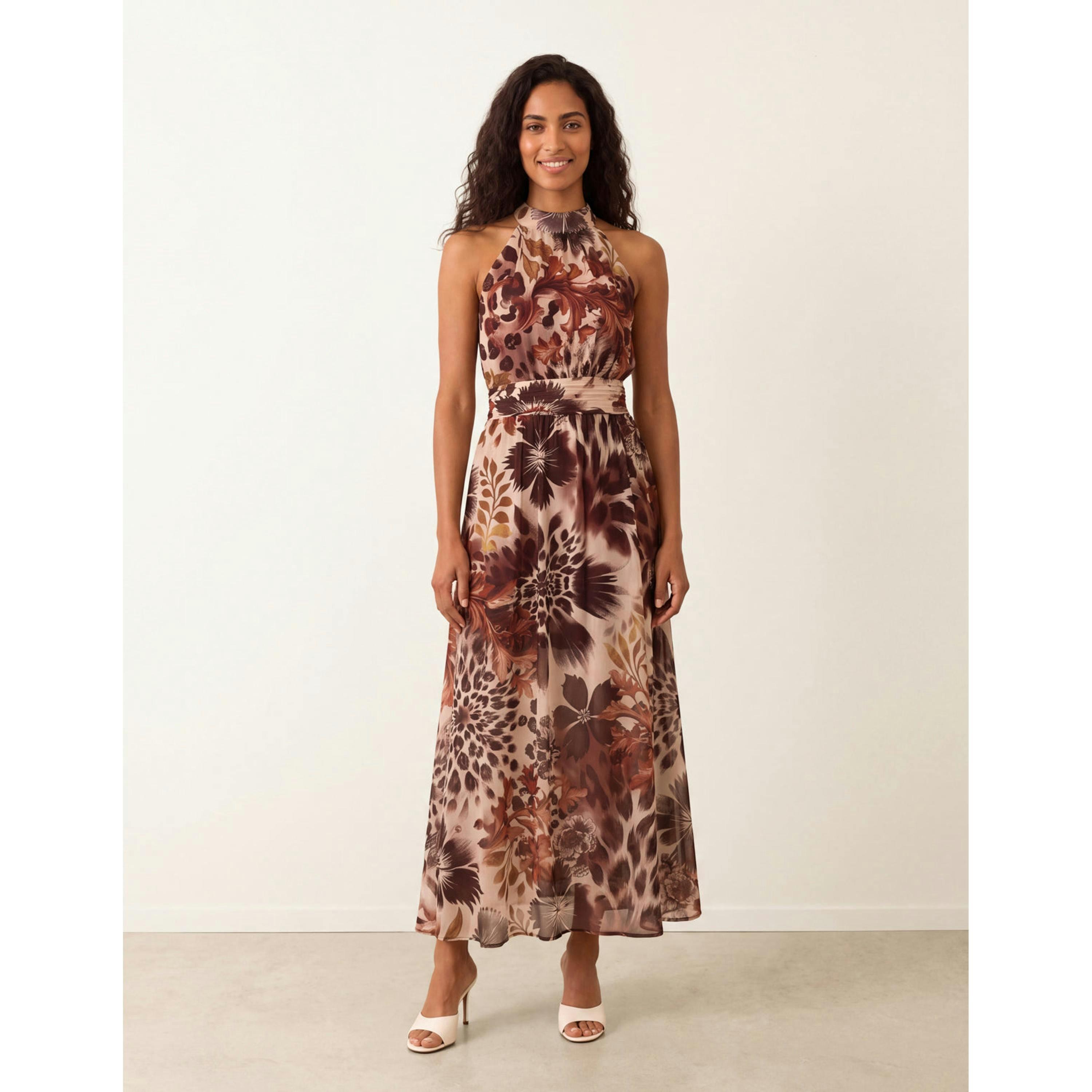 Blue Vanilla Georgette Printed Halterneck Occasion Dress  in Multicolour , view 1 of 3